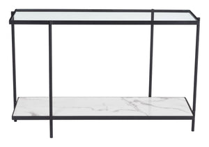 Glass and Faux Marble Console Table with Black Frame