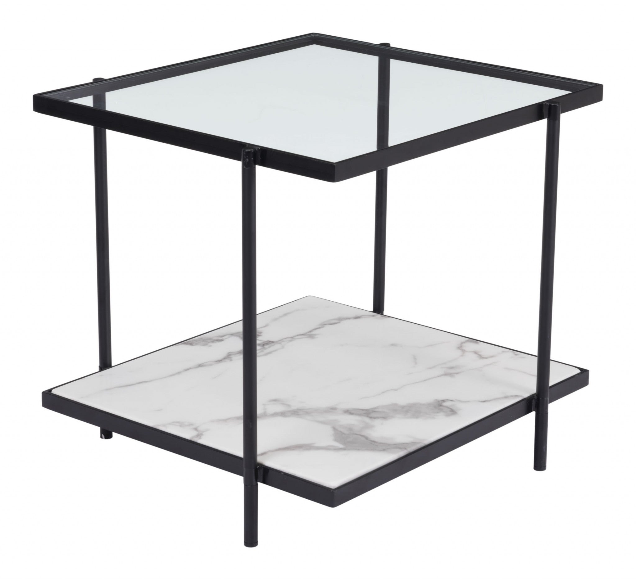 24" x 22" x 22" Clear, White & Matte Black, Tempered Glass, Faux Marble, Steel, End Table