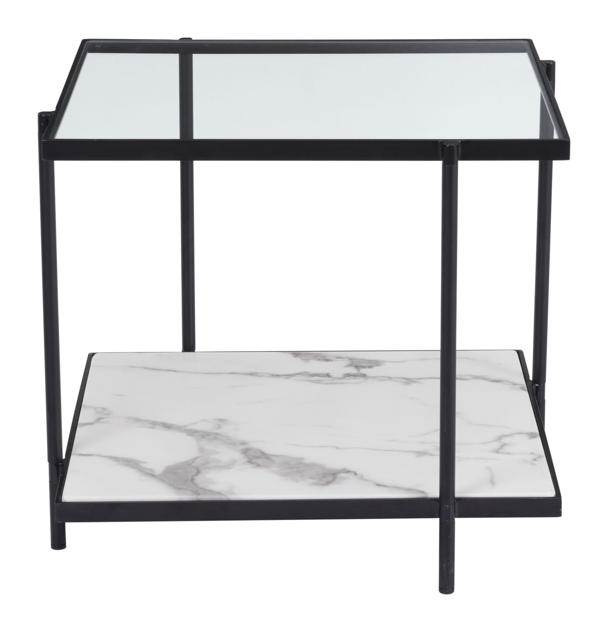 24" x 22" x 22" Clear, White & Matte Black, Tempered Glass, Faux Marble, Steel, End Table