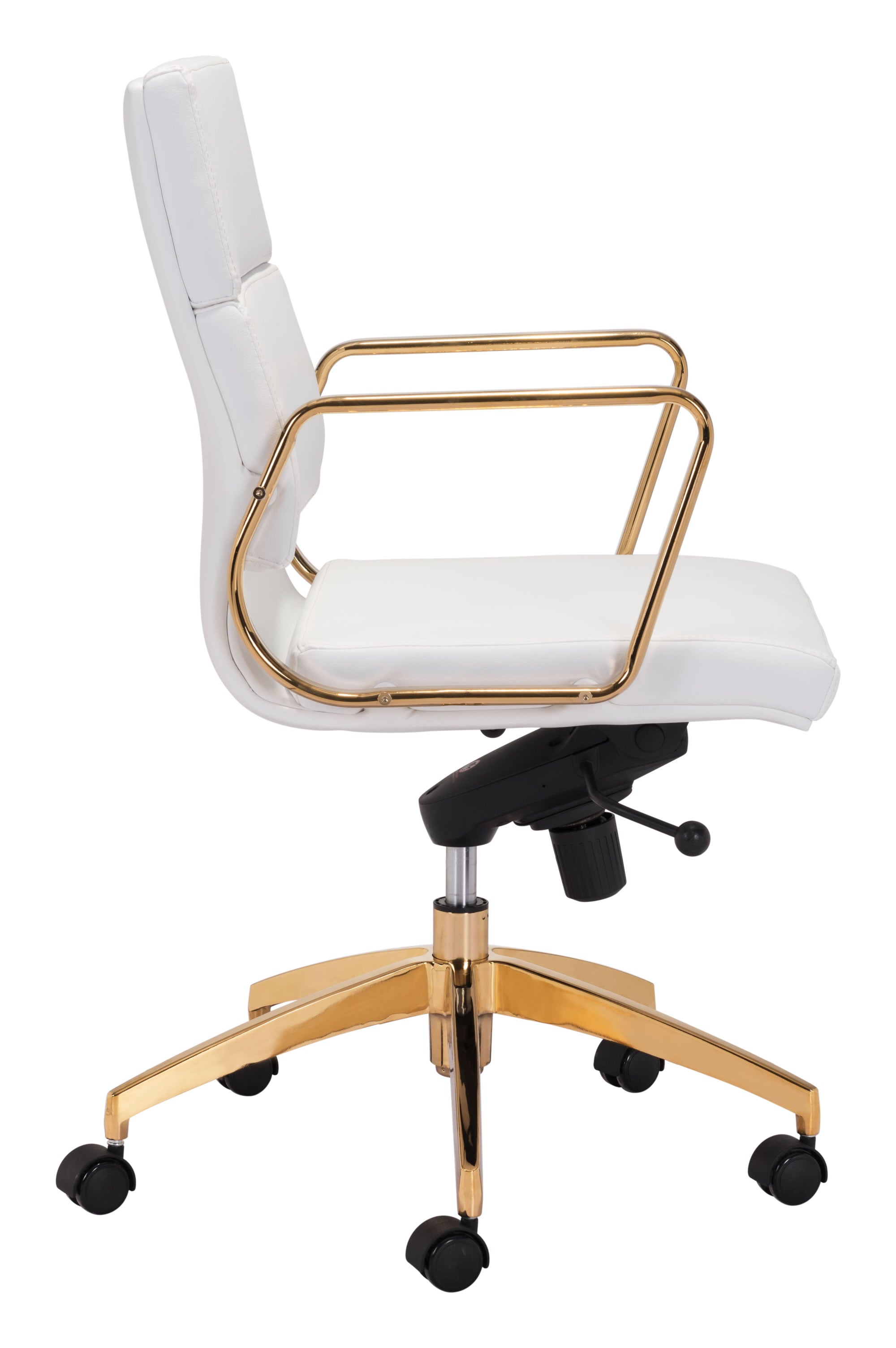 24" x 24" x 37.4" White & Gold, Leatherette, Brass-plated Steel, Low Back Office Chair