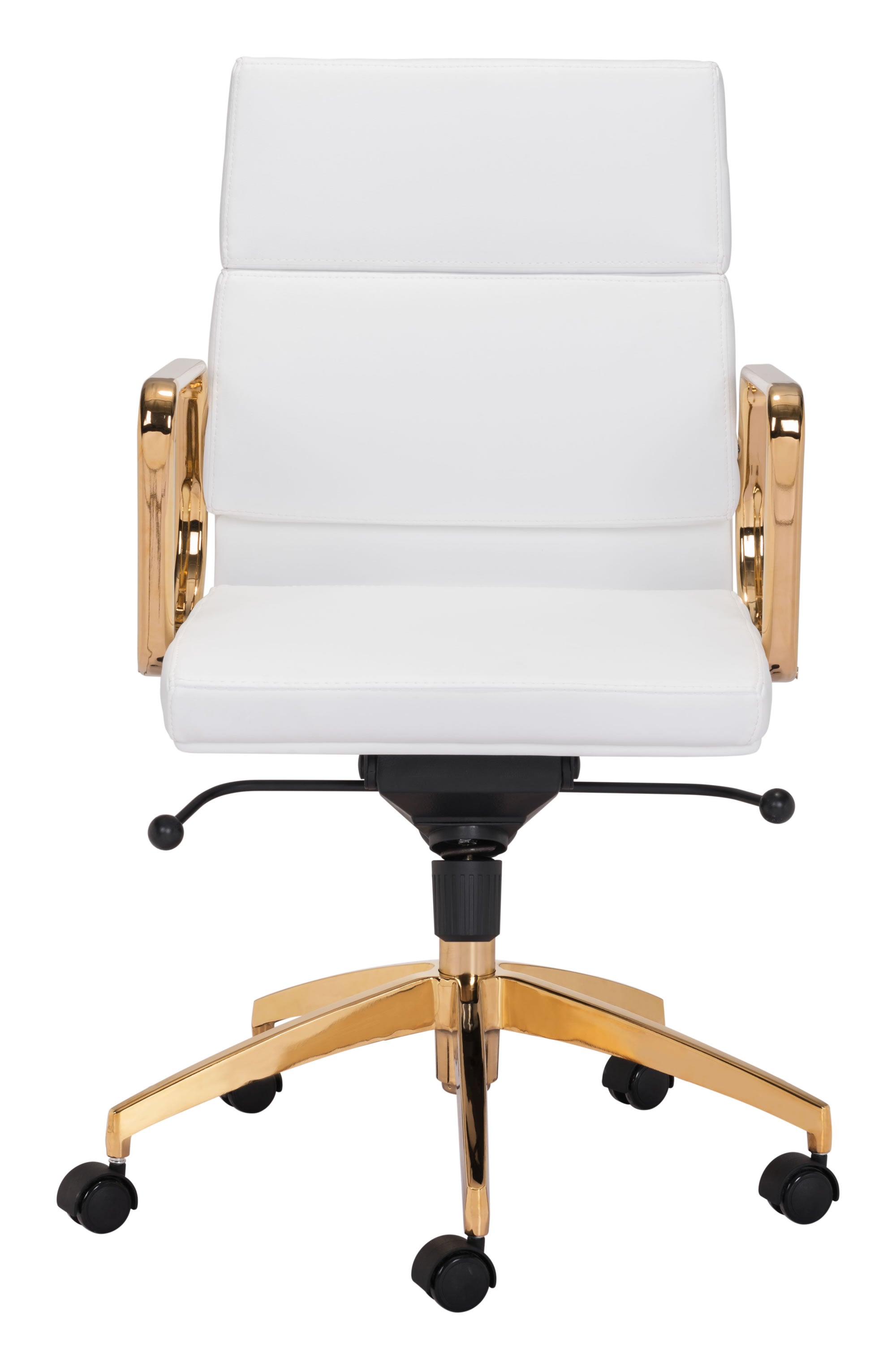 24" x 24" x 37.4" White & Gold, Leatherette, Brass-plated Steel, Low Back Office Chair