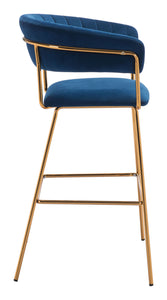 23" x 23" x 41" Dark Blue Velvet, Steel & Plywood, Bar Chair - Set of 2