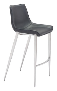 20.7" x 21.7" x 43.3" Black, Leatherette, Brushed Stainless Steel, Bar Chair - Set of 2