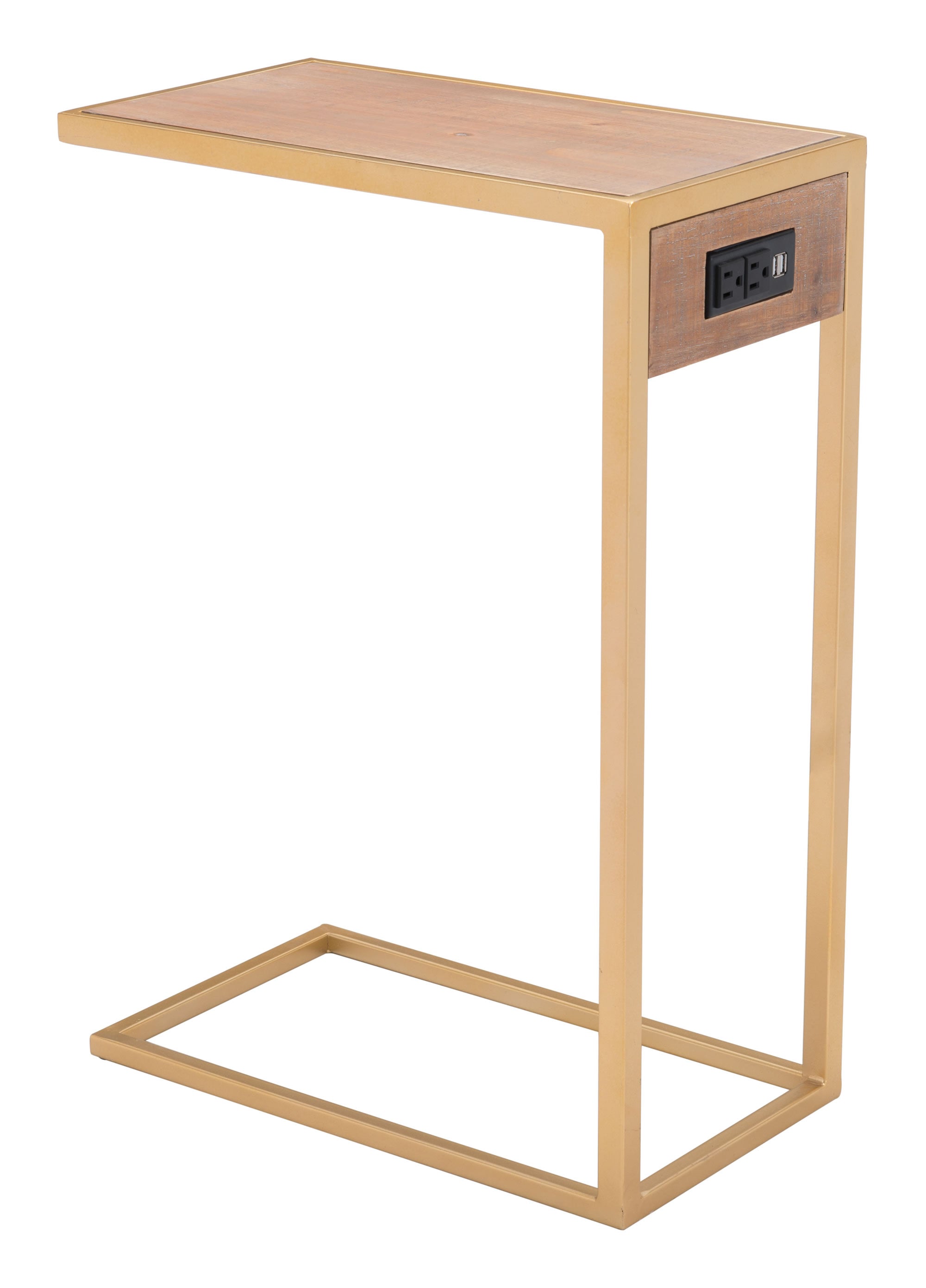 Contemporary Gold Finish TV Side Table with Outlet