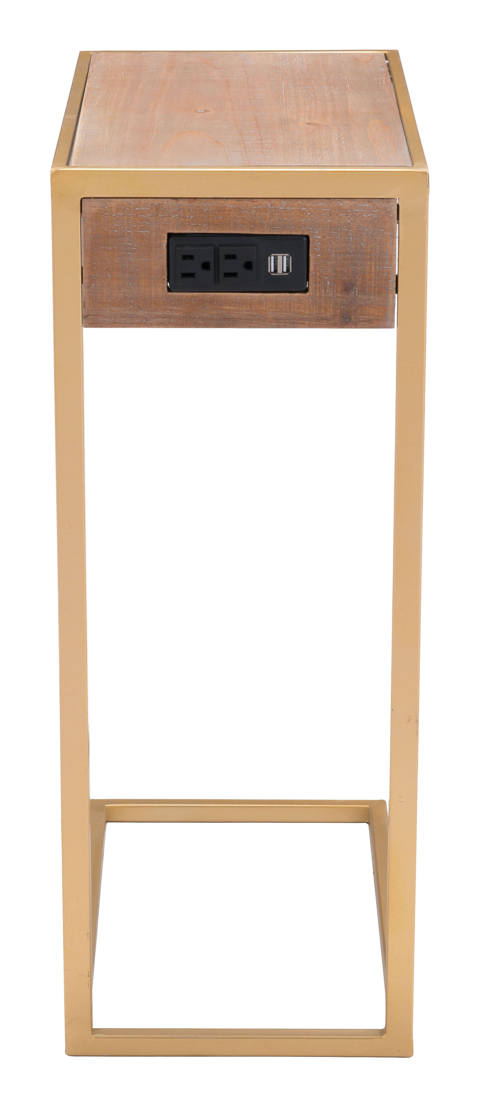 Contemporary Gold Finish TV Side Table with Outlet