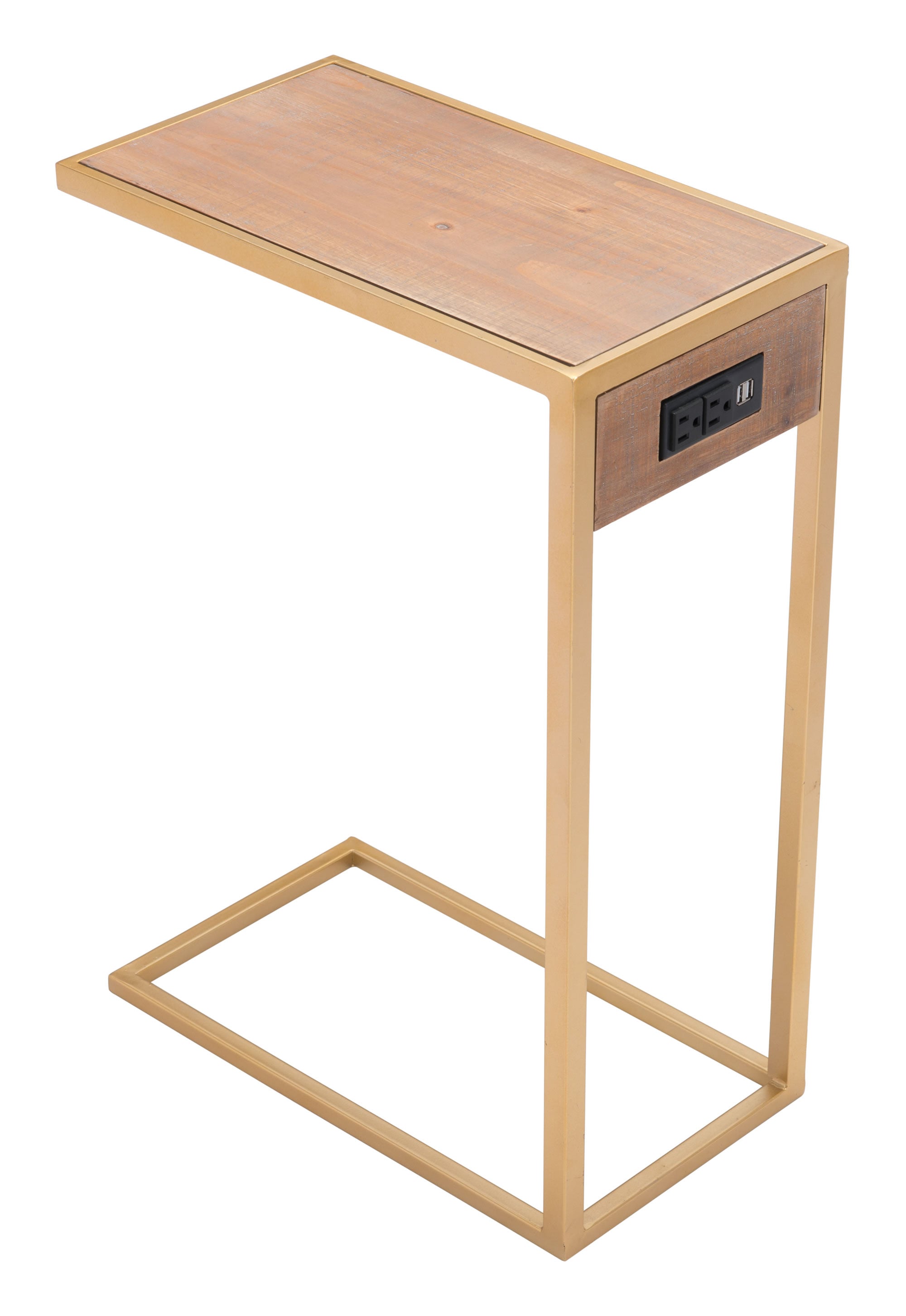 Contemporary Gold Finish TV Side Table with Outlet