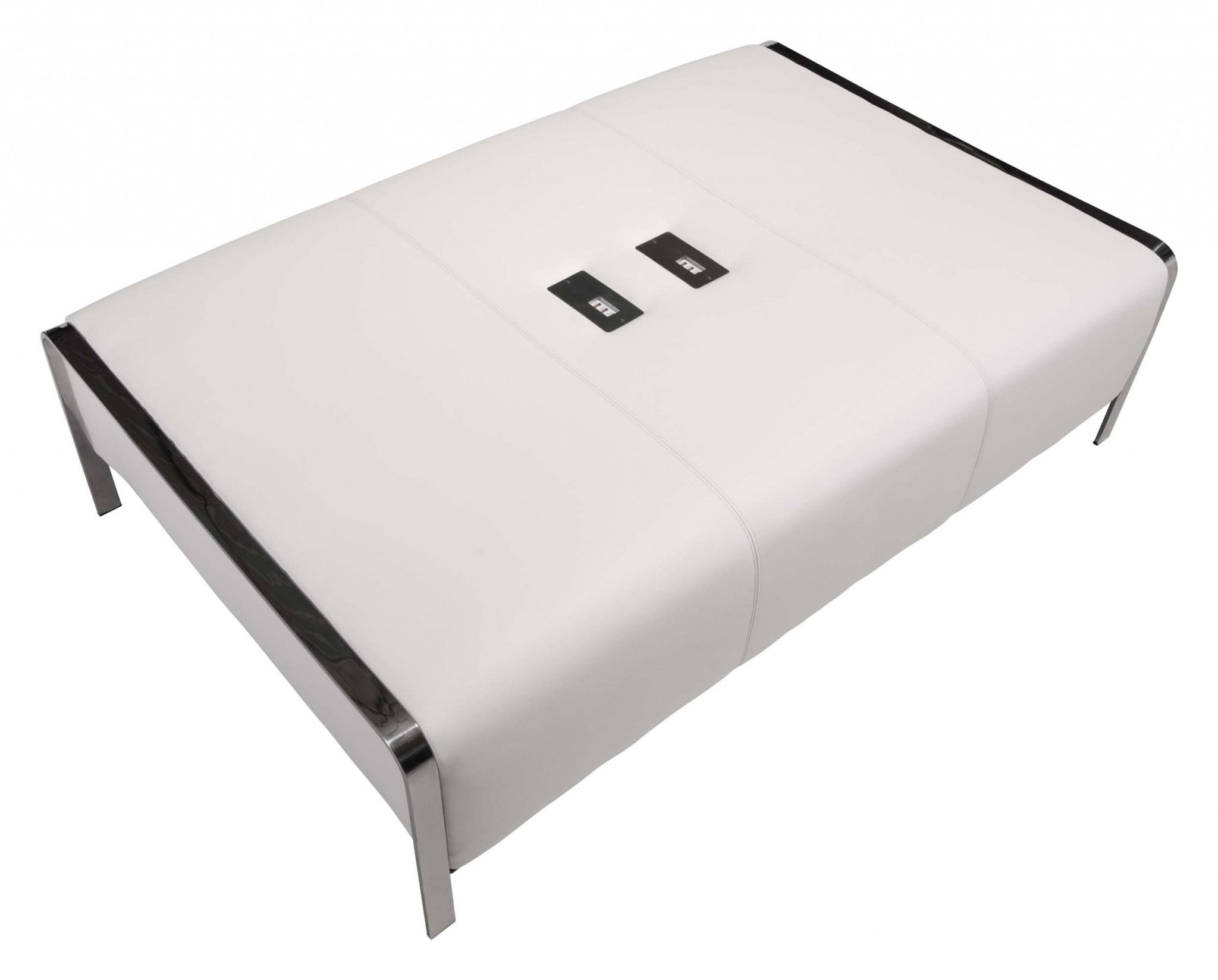60.5" x 38" x 16" White, Leatherette, Polished Stainless Steel, Ottoman