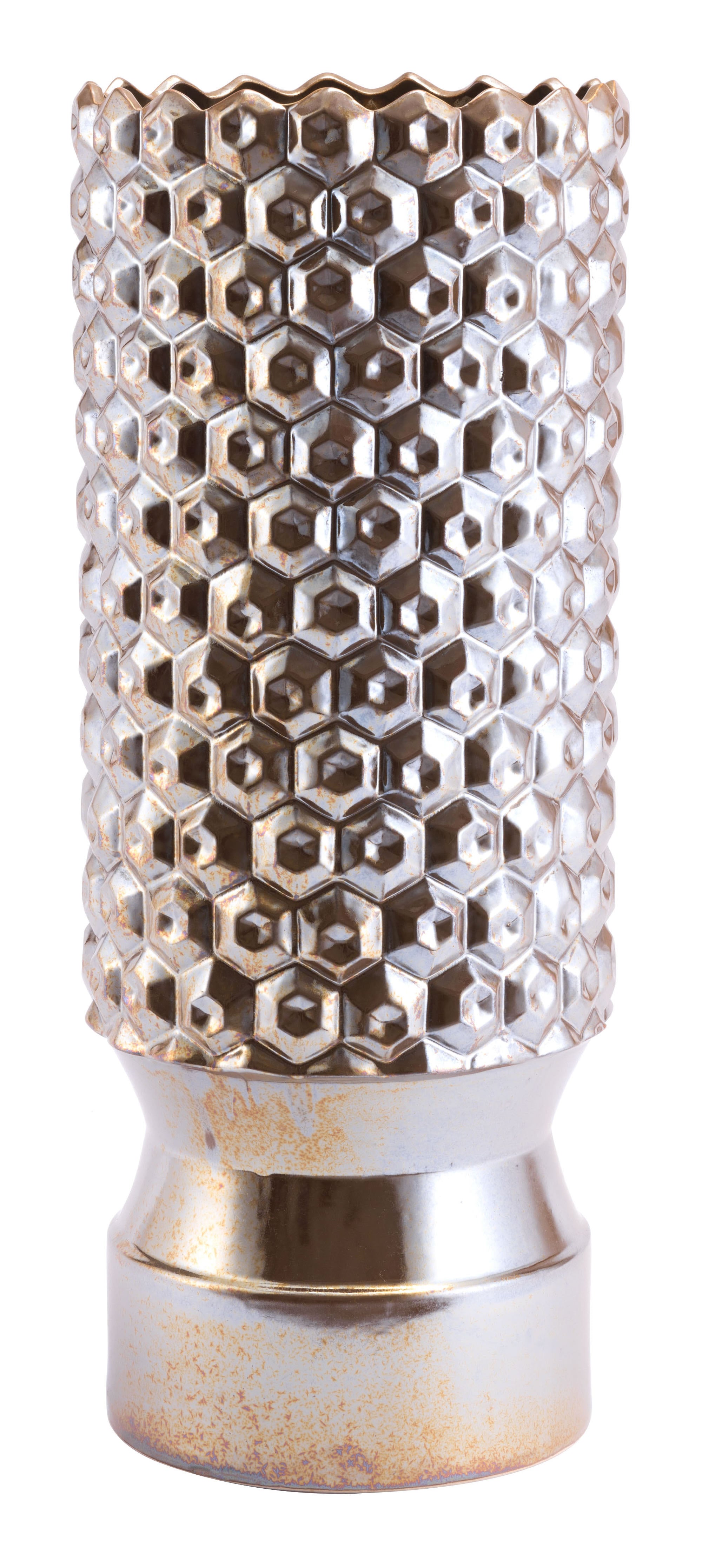 9.8" x 9.8" x 24.2" Antique Gold, Ceramic, Large Vase