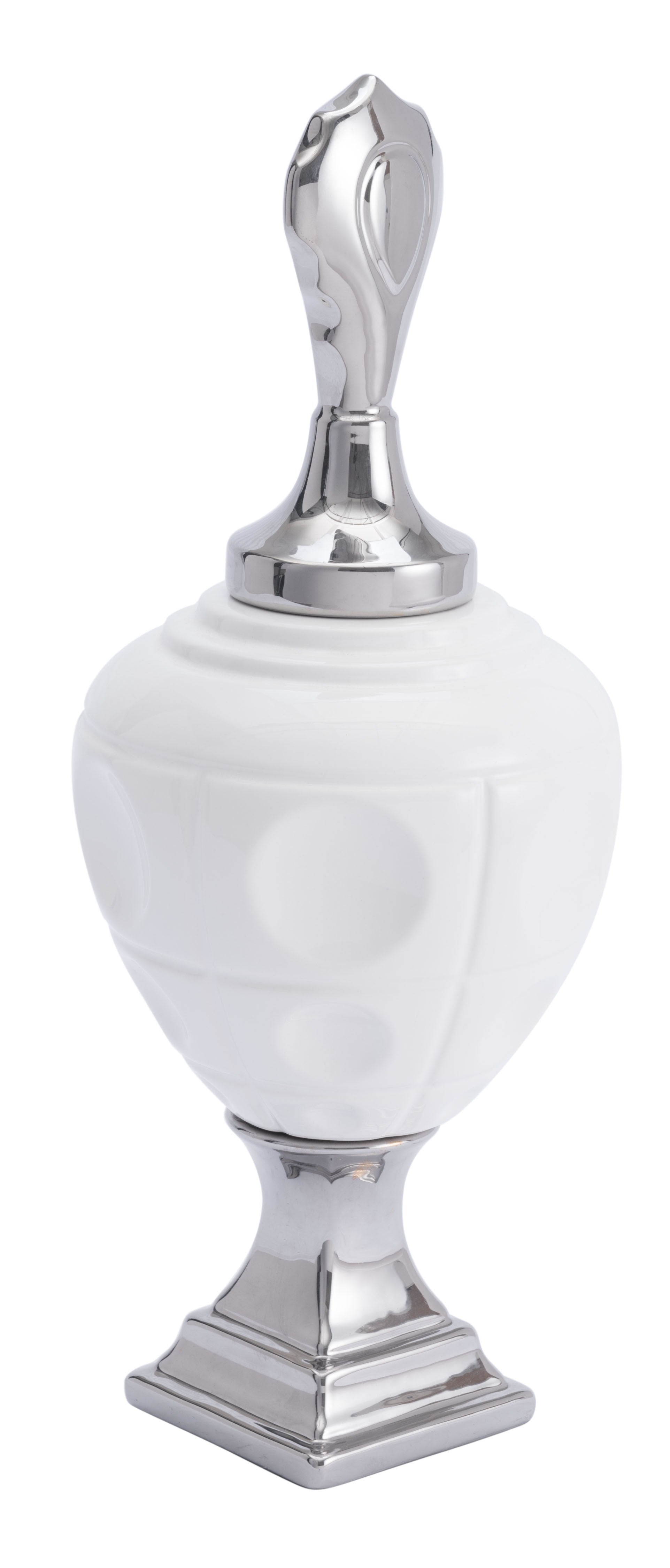 7.5" x 7.5" x 21.1" White & Silver, Ceramic, Medium Jar