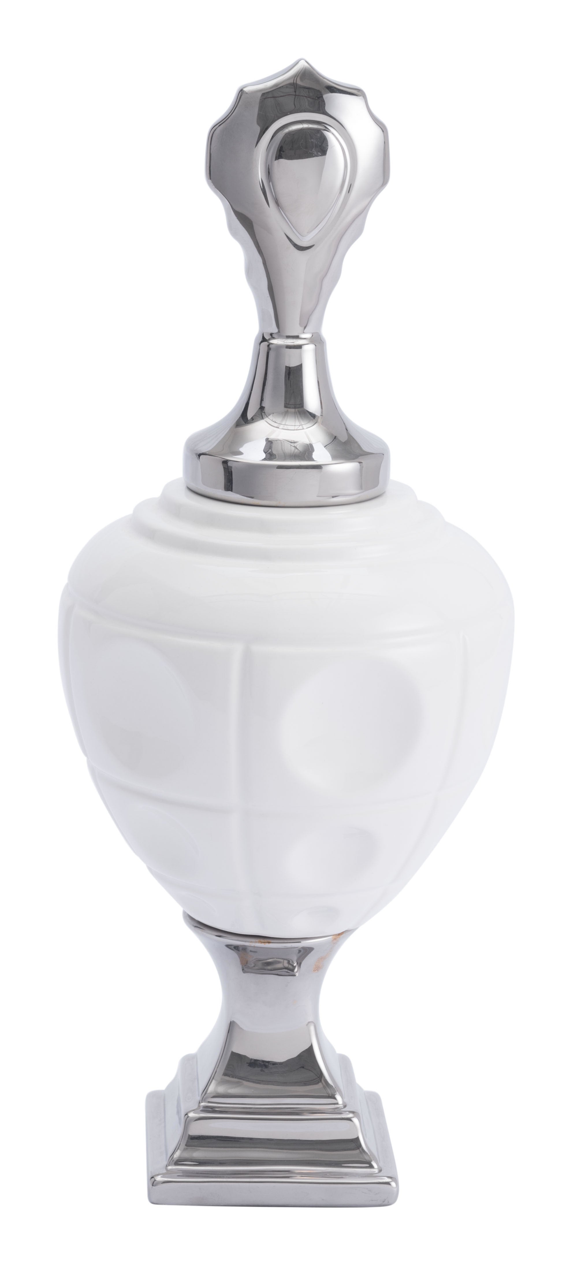 7.5" x 7.5" x 21.1" White & Silver, Ceramic, Medium Jar