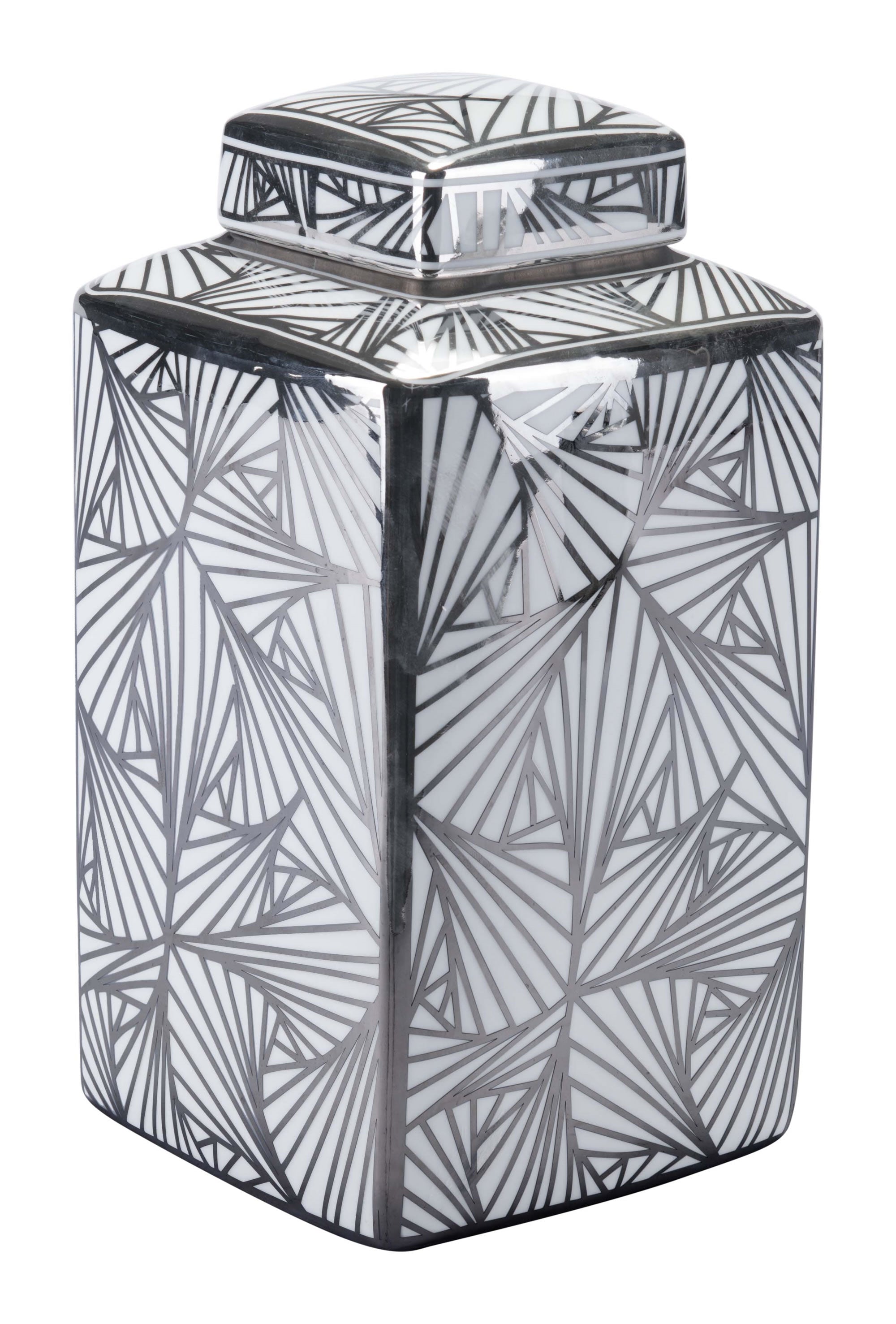 6.5" x 6.5" x 11.8" White and Silver Porcelain Large Jar