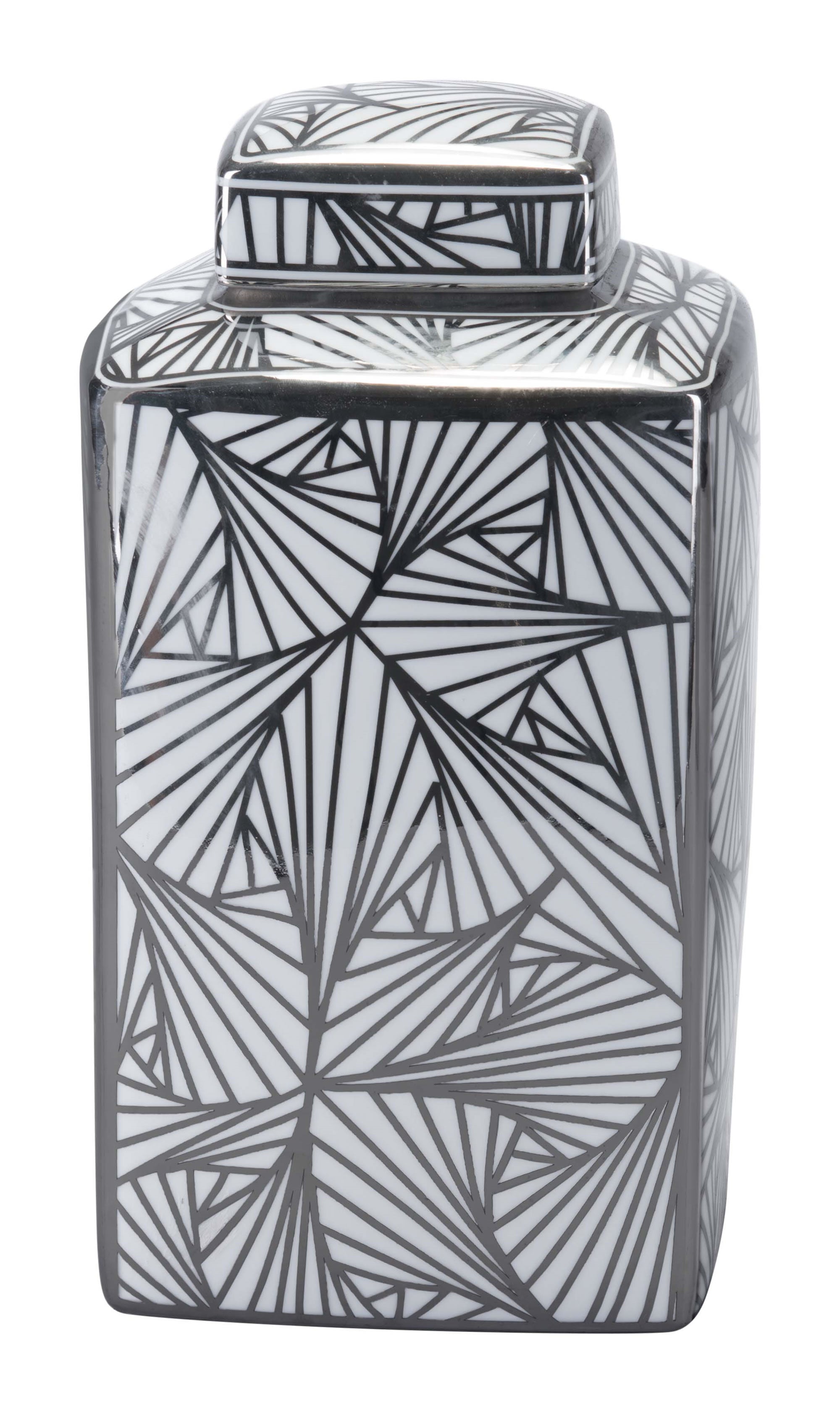 6.5" x 6.5" x 11.8" White and Silver Porcelain Large Jar