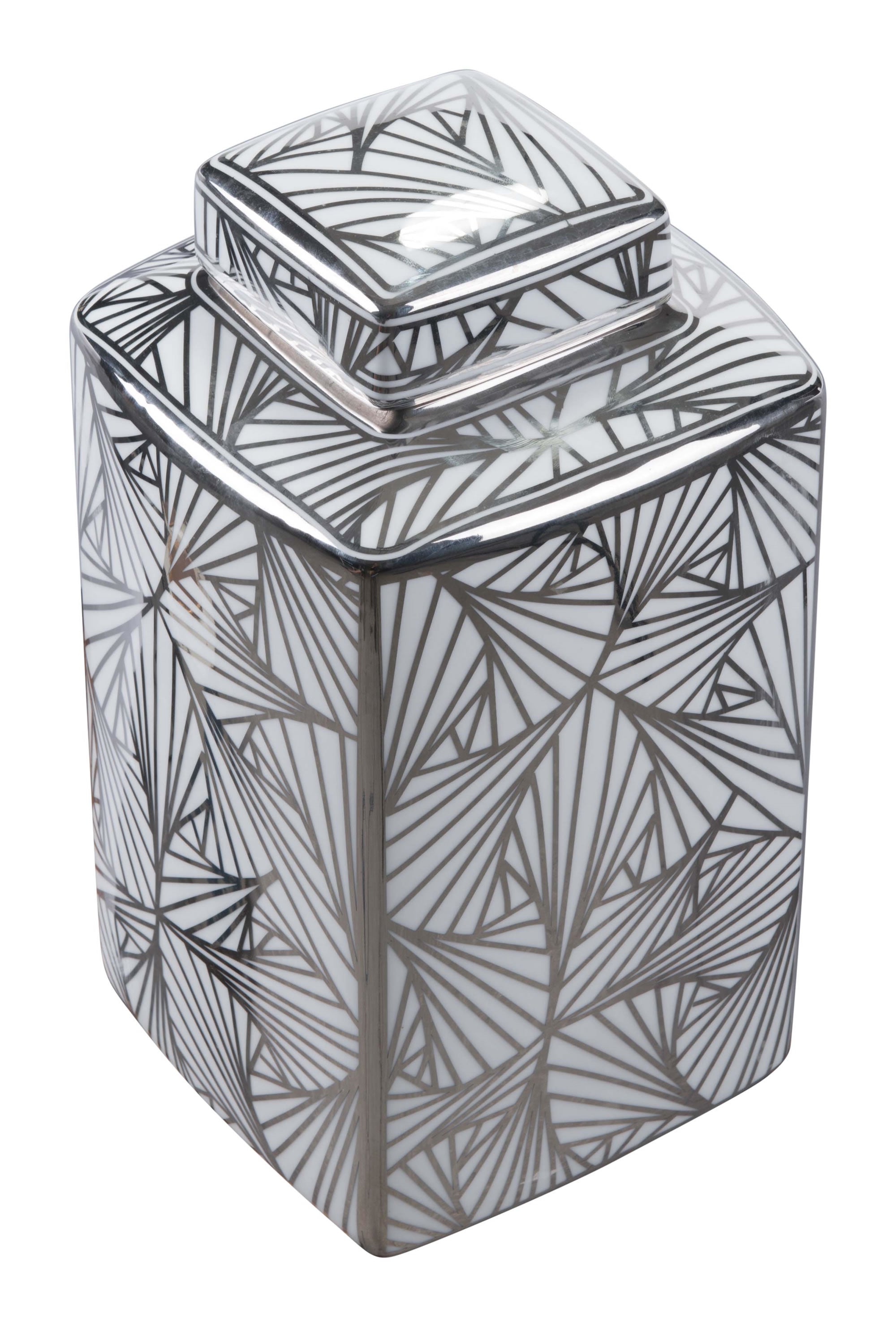 6.5" x 6.5" x 11.8" White and Silver Porcelain Large Jar