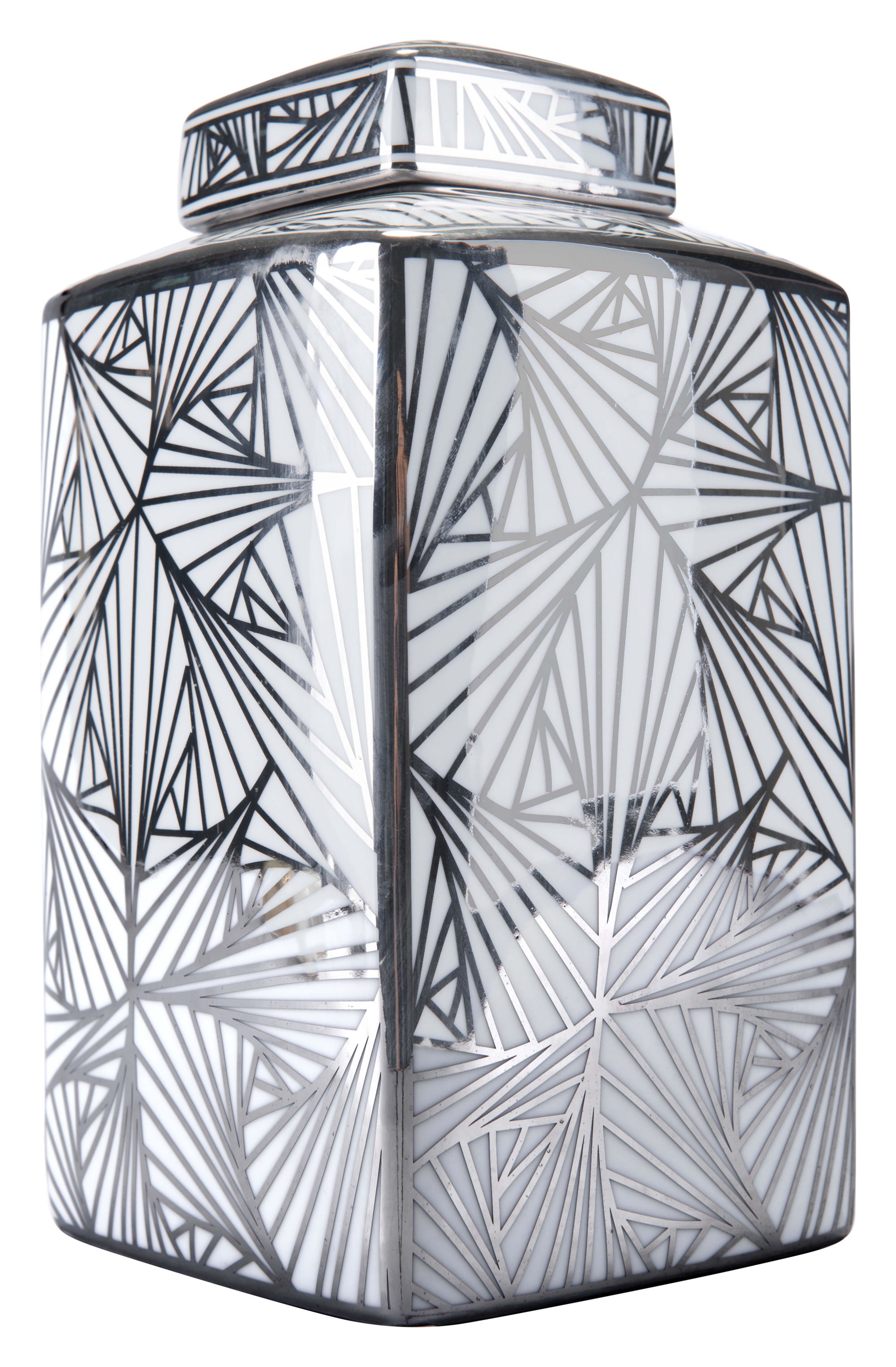 6.5" x 6.5" x 11.8" White and Silver Porcelain Large Jar