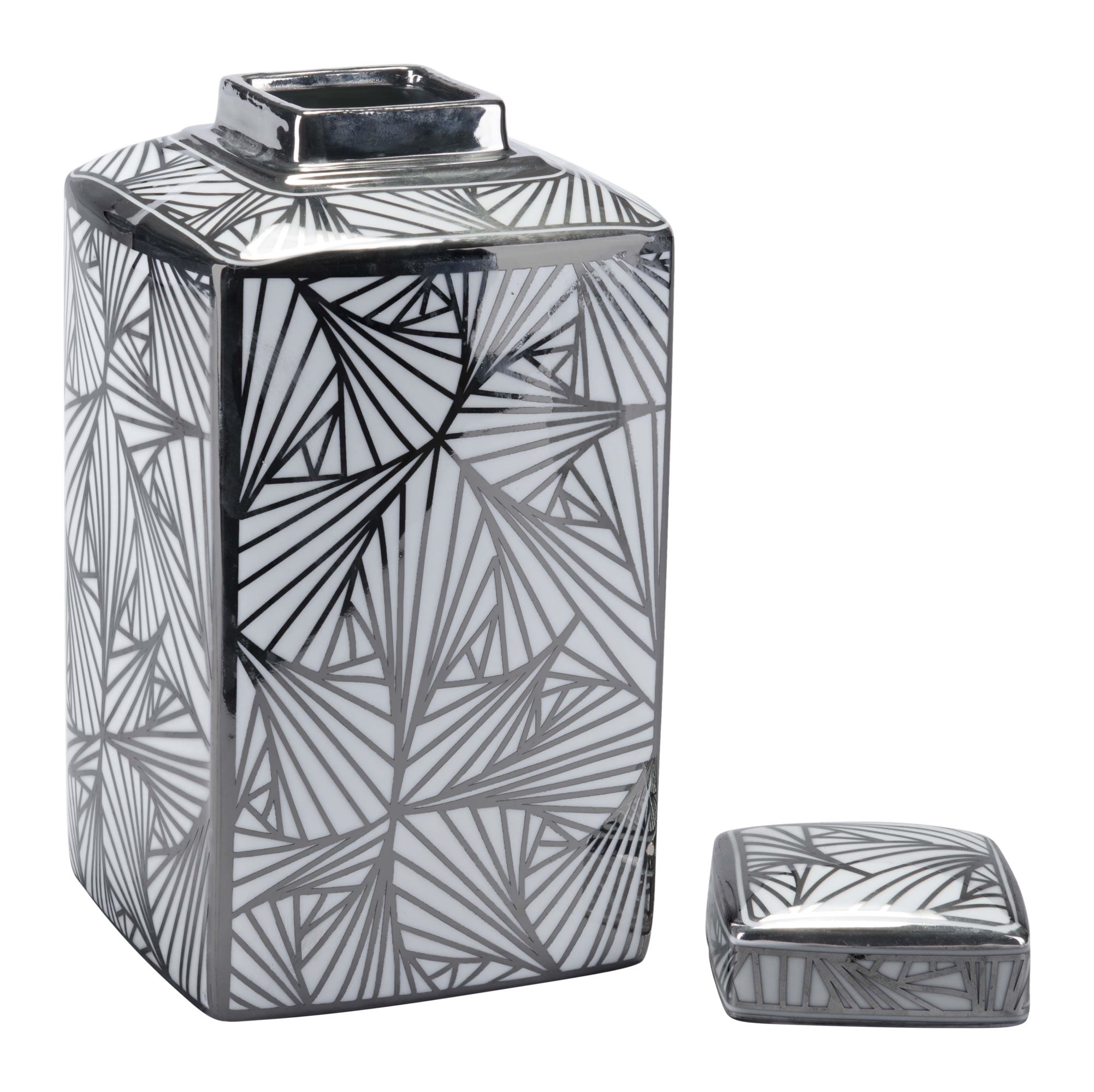 6.5" x 6.5" x 11.8" White and Silver Porcelain Large Jar