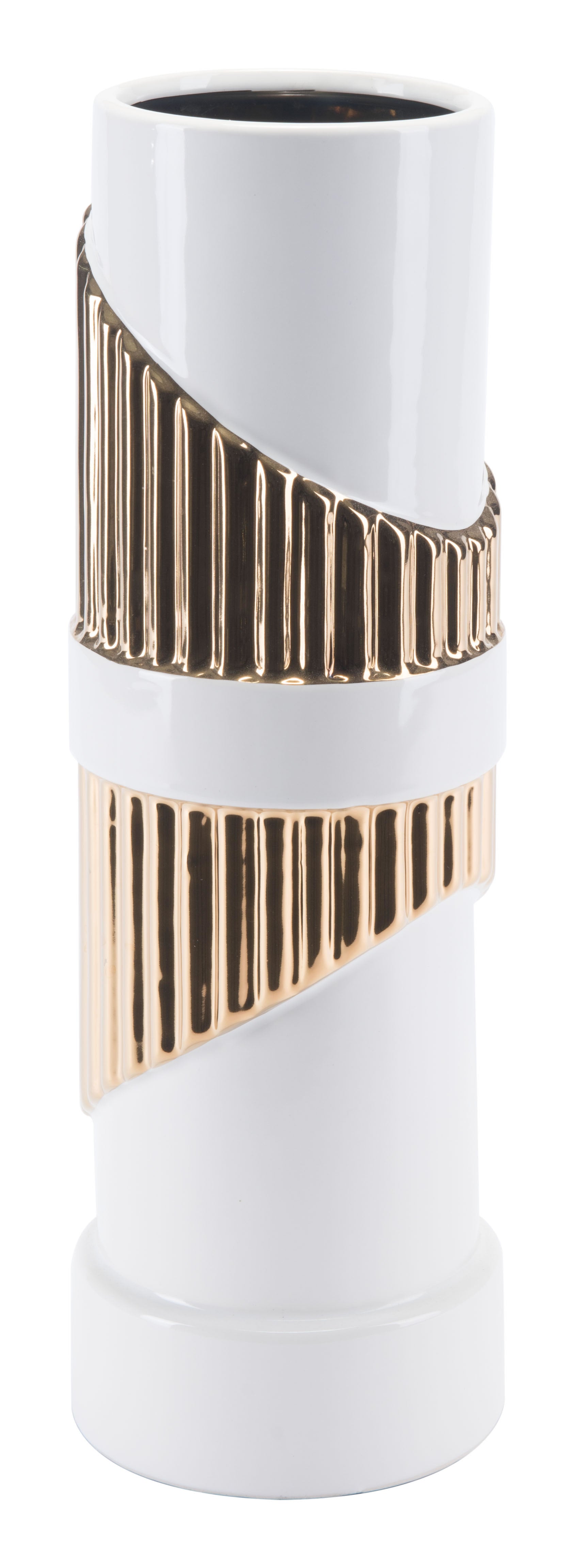 5.1" x 5.1" x 16.1" White & Gold, Ceramic, Vase