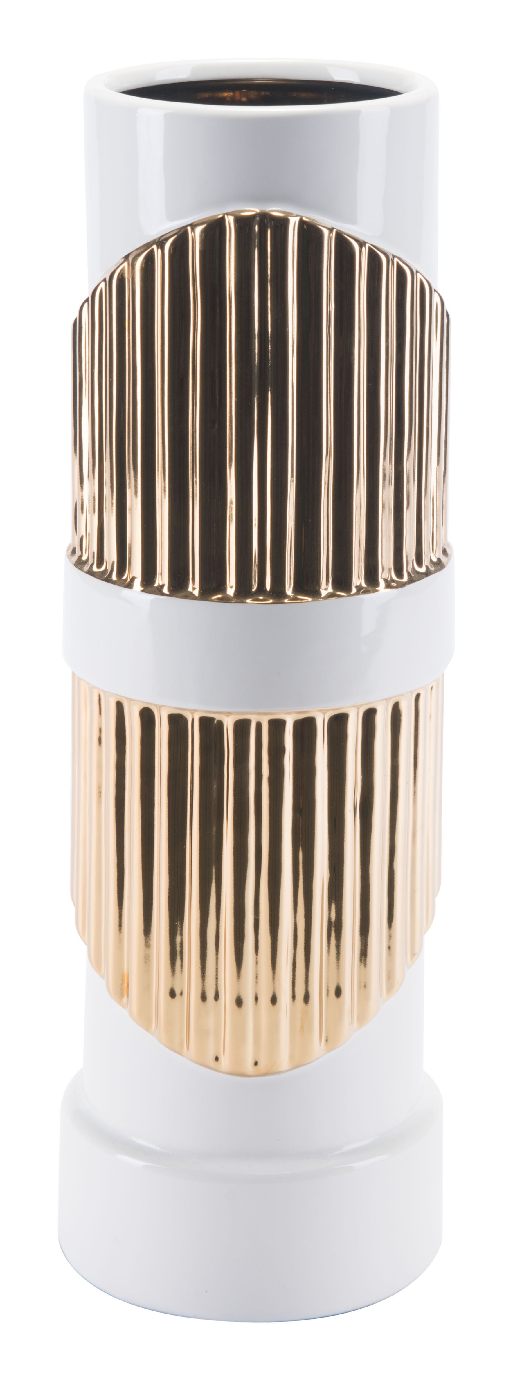 5.1" x 5.1" x 16.1" White & Gold, Ceramic, Vase
