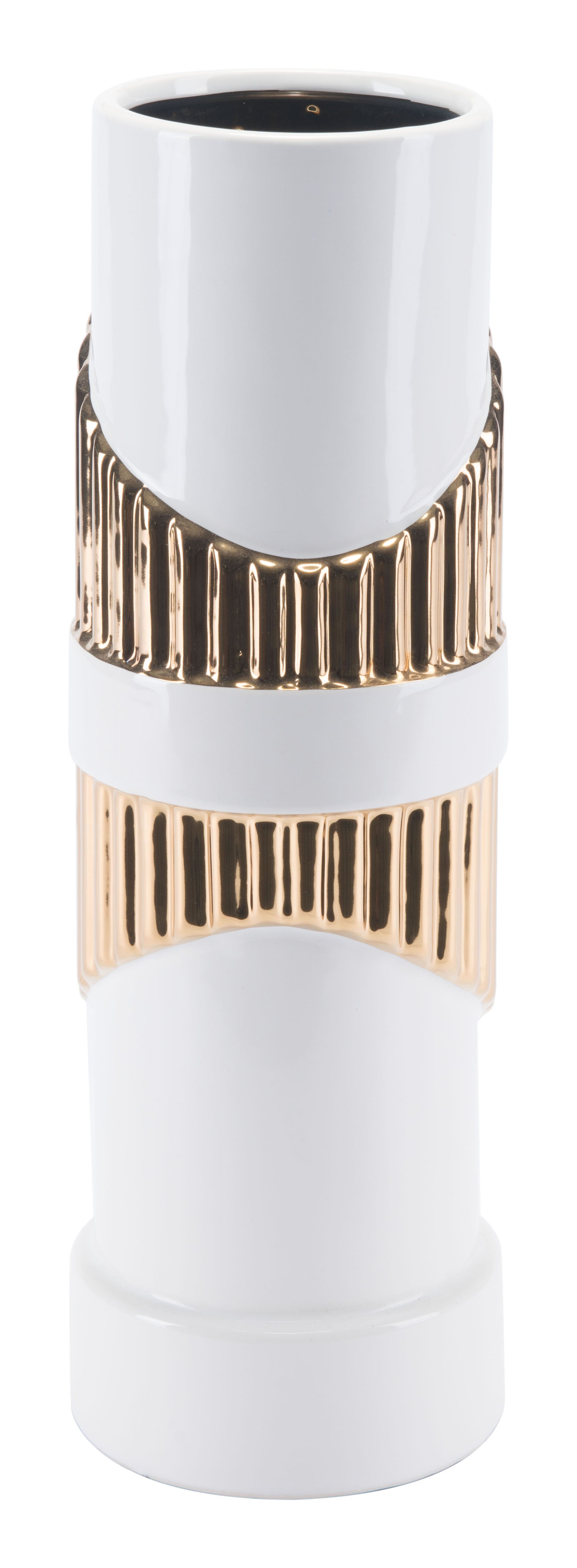 5.1" x 5.1" x 16.1" White & Gold, Ceramic, Vase