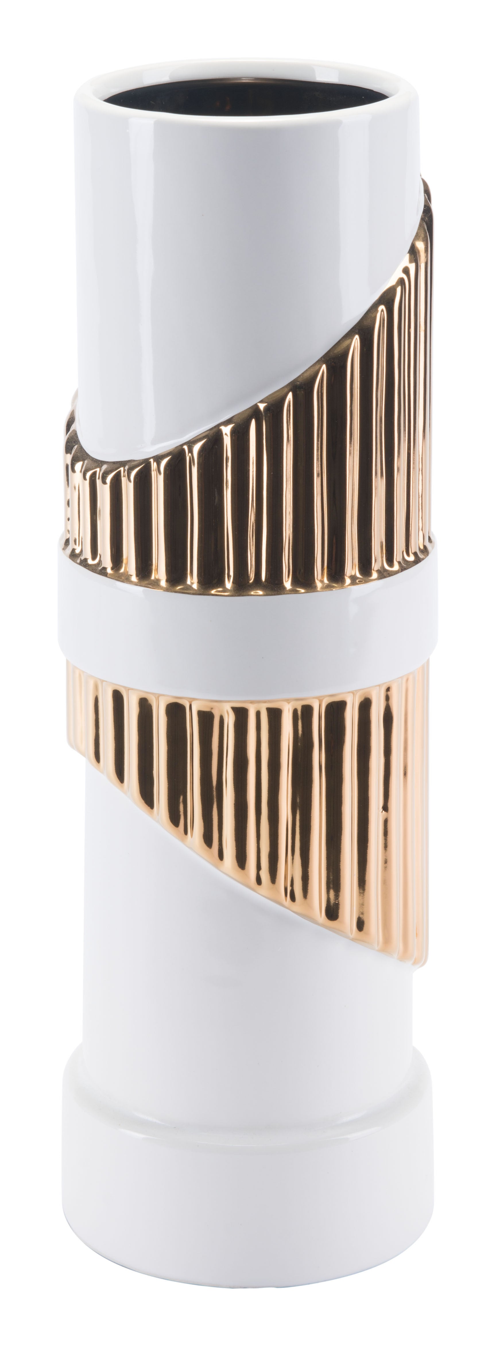 5.1" x 5.1" x 16.1" White & Gold, Ceramic, Vase