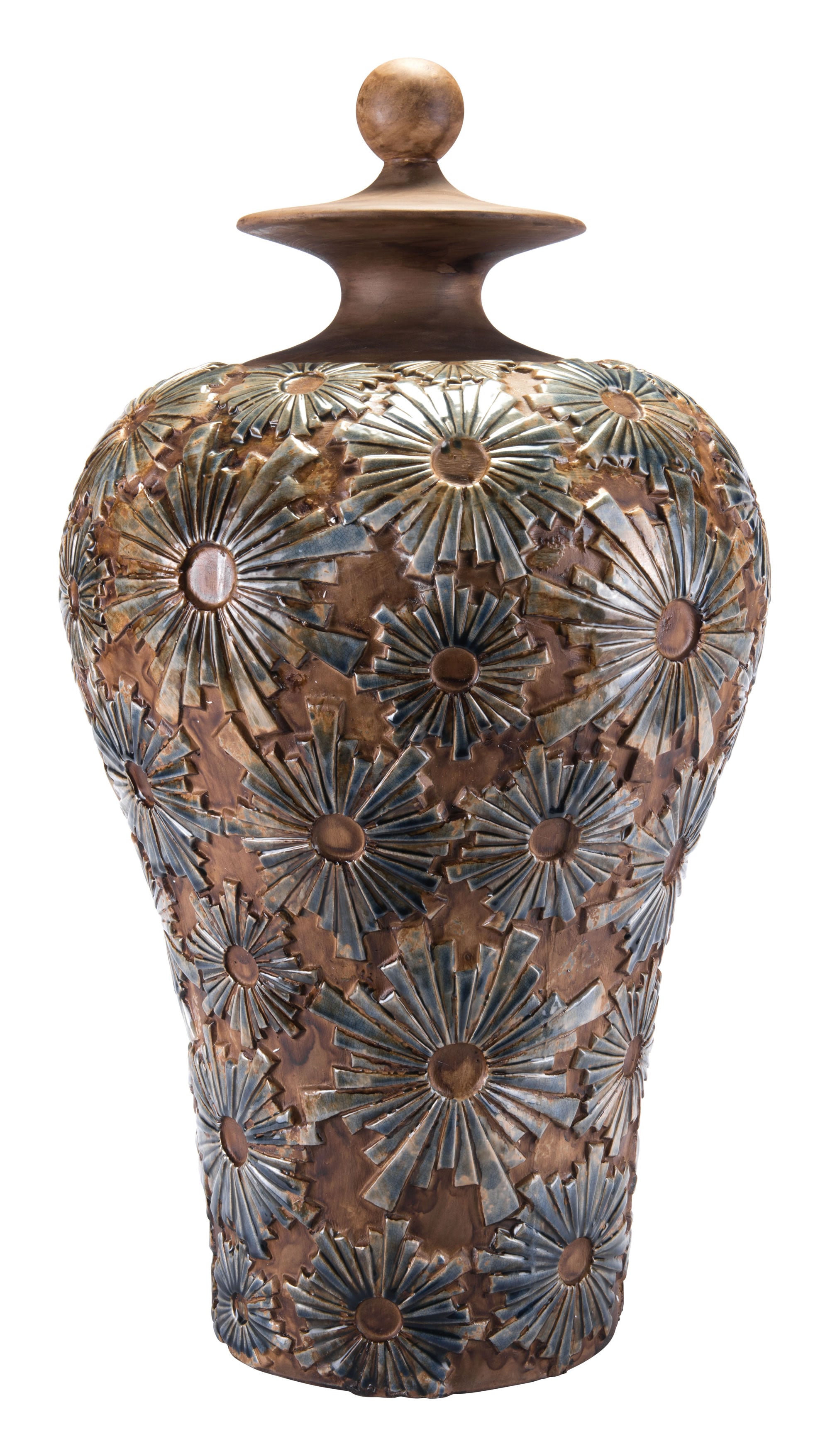 16.3" x 16.3" x 29.7" Brown, Ceramic, Large Temple Jar