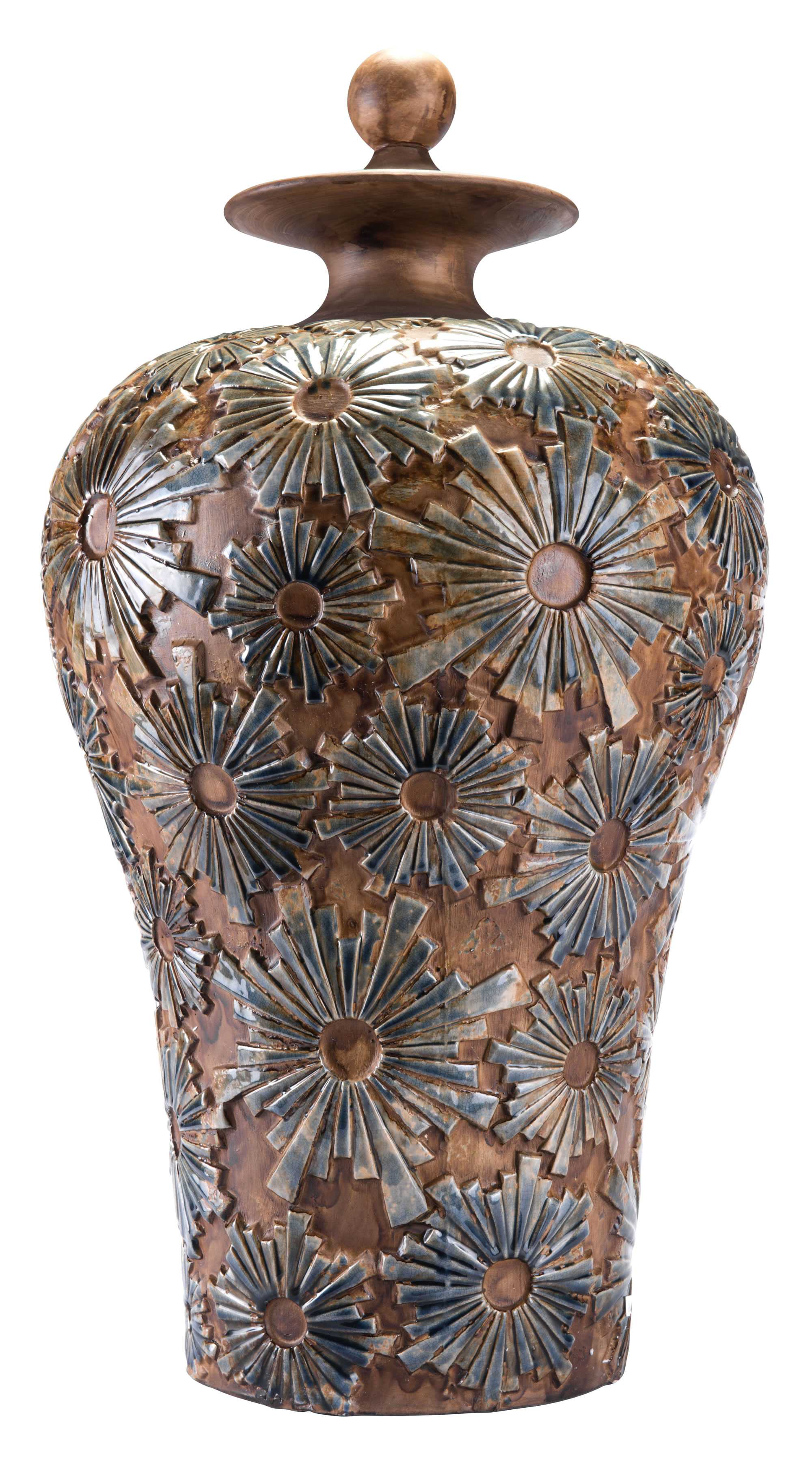 16.3" x 16.3" x 29.7" Brown, Ceramic, Large Temple Jar