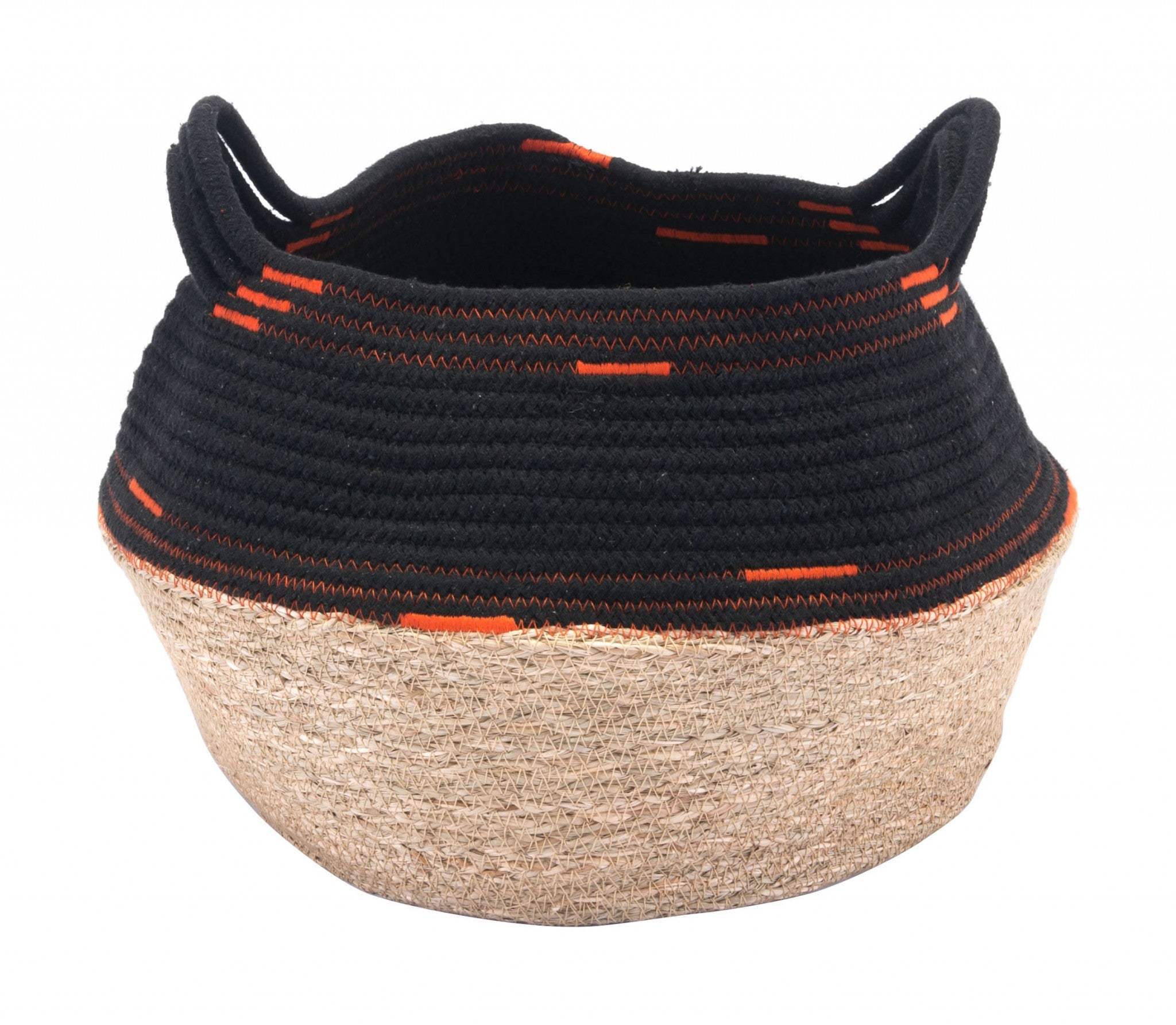 11.4" x 11.4" x 11" Black & Beige, Cotton, Seagrass, Basket With Handles