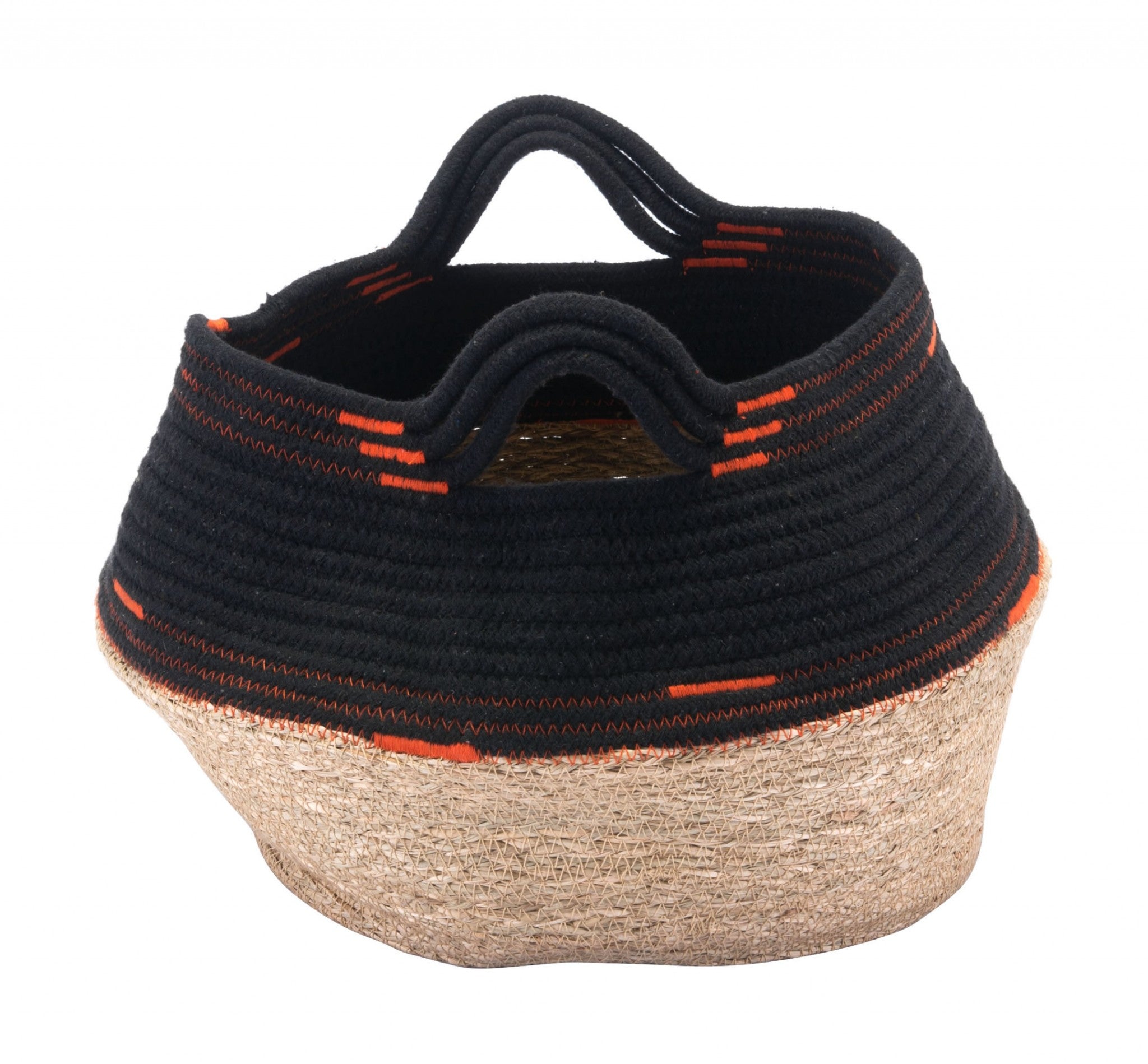 11.4" x 11.4" x 11" Black & Beige, Cotton, Seagrass, Basket With Handles