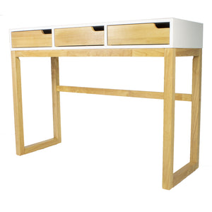 43" X 16" X 32" White & Natural Solid Wood Three Drawer Console Table
