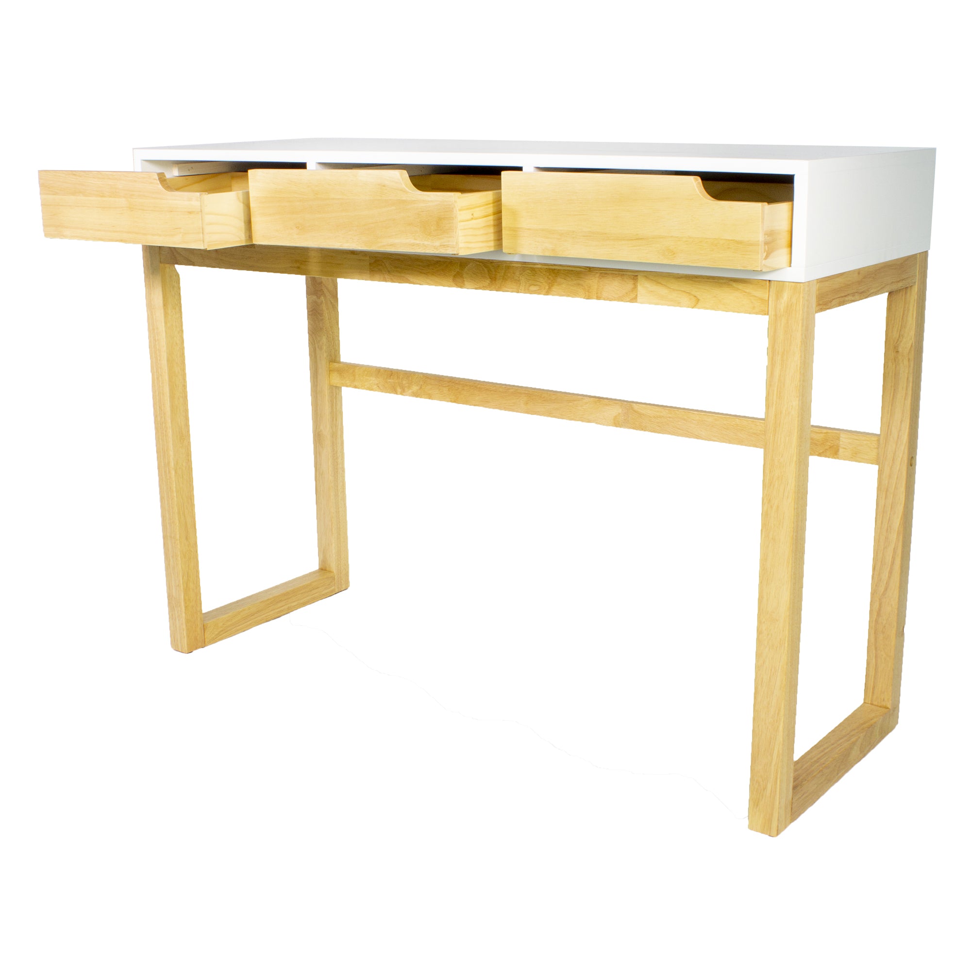43" X 16" X 32" White & Natural Solid Wood Three Drawer Console Table