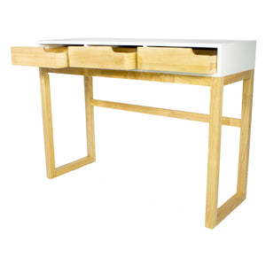 43" X 16" X 32" White & Natural Solid Wood Three Drawer Console Table