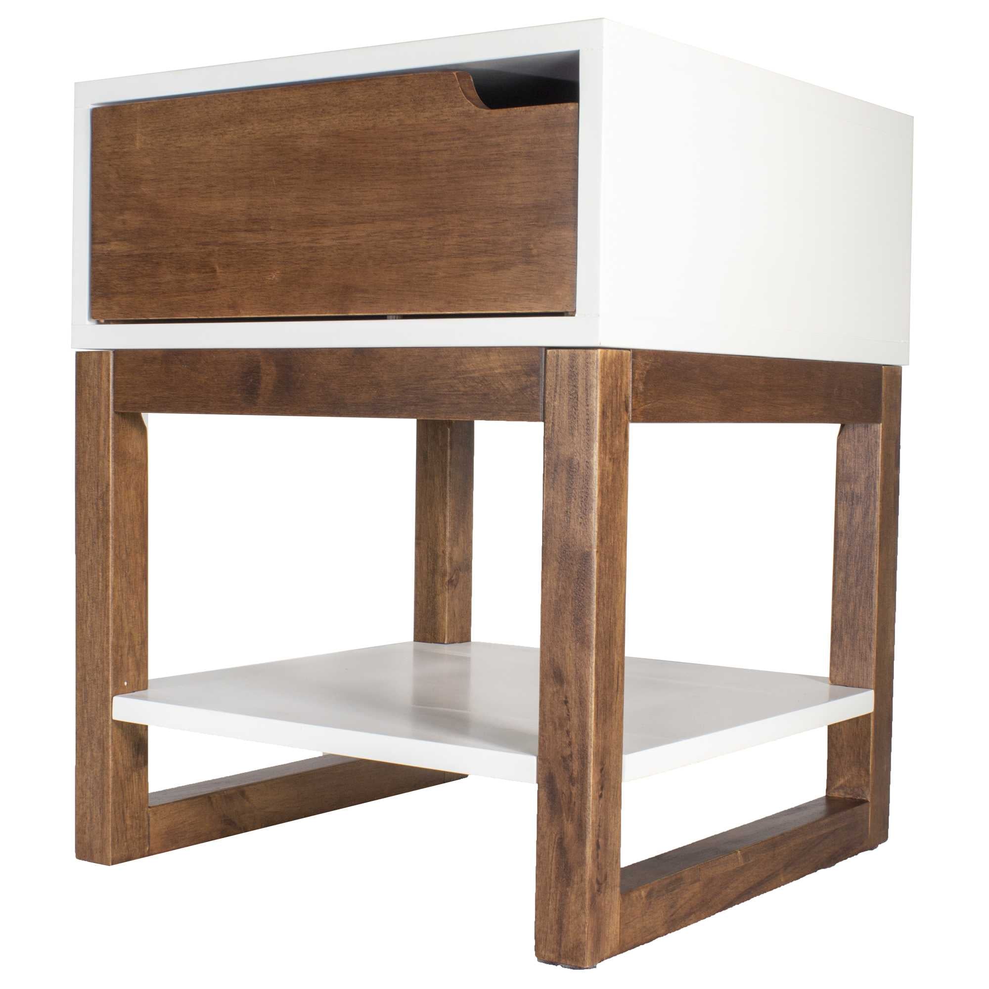 16" X 16" X 20" White & Mocha Solid Wood One Drawer Side Table w/ Shelf