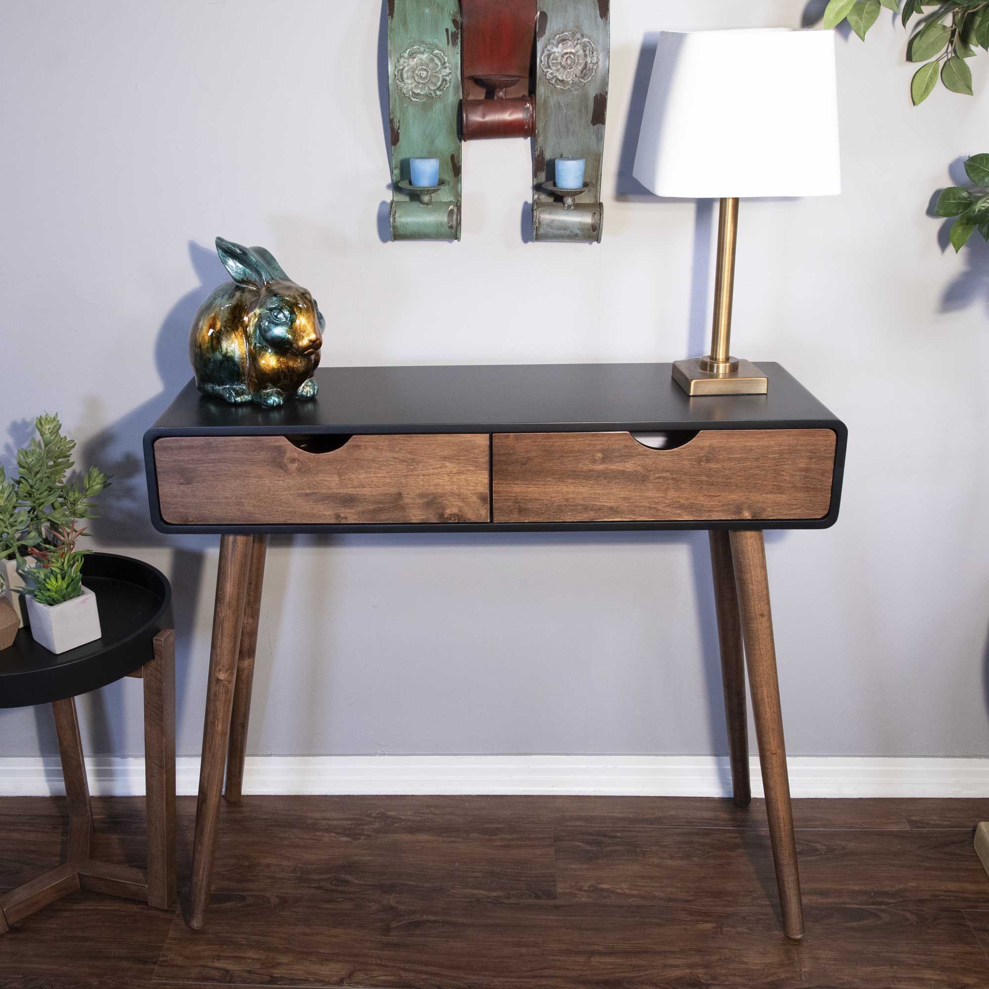 35" X 12" X 32" Black & Mocha Solid Wood Console Table with  Drawers