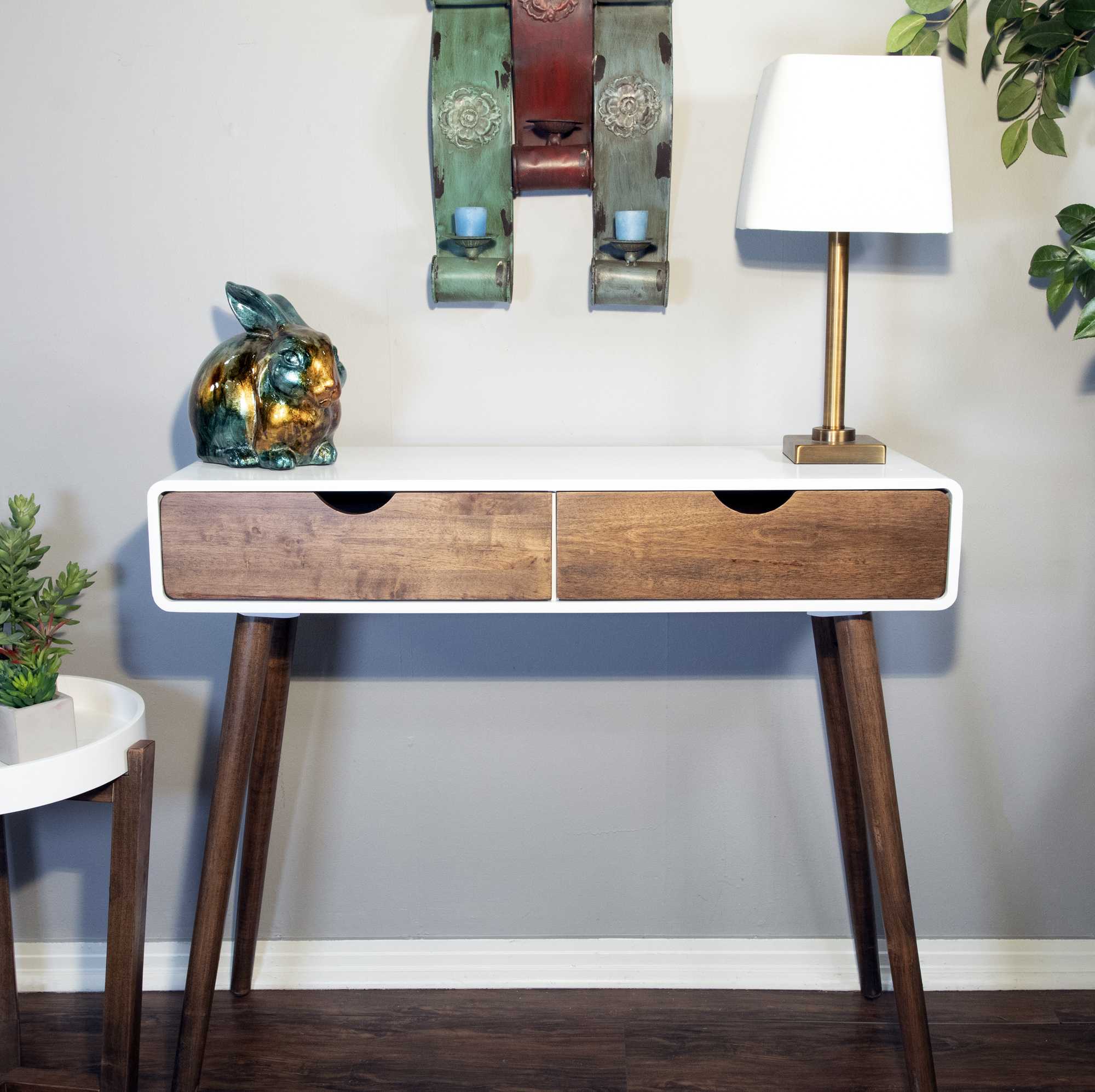 35" X 12" X 32" White & Mocha Solid Wood Two Drawer Console Table
