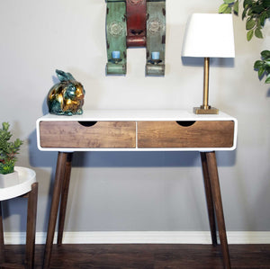 35" X 12" X 32" White & Mocha Solid Wood Two Drawer Console Table