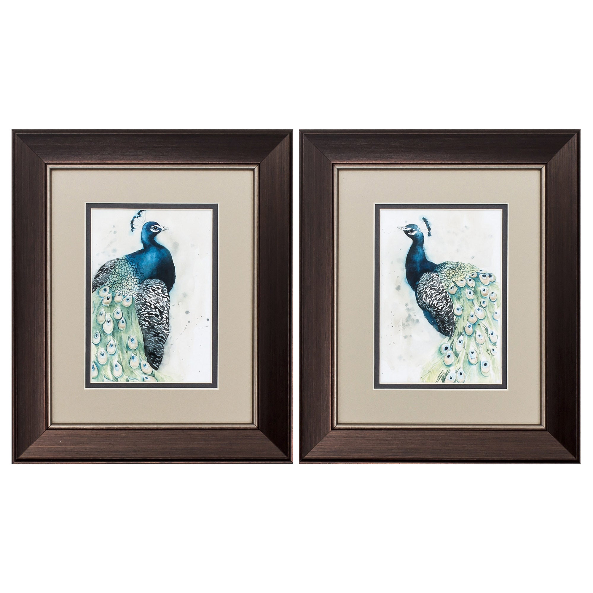 11" X 13" Metallic Bronze Frame Watercolor Peacock (Set of 2)