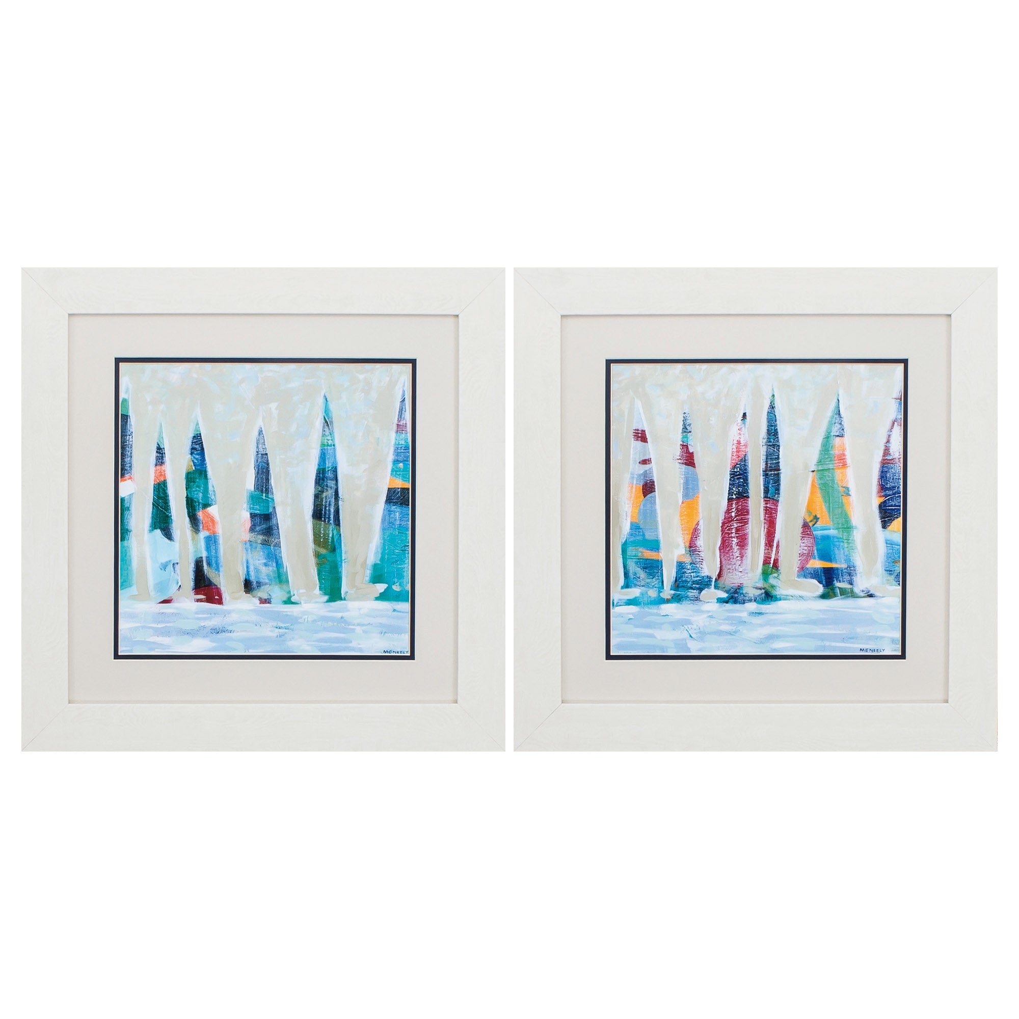19" X 19" White Frame Dozen Colorful Boats (Set of 2)