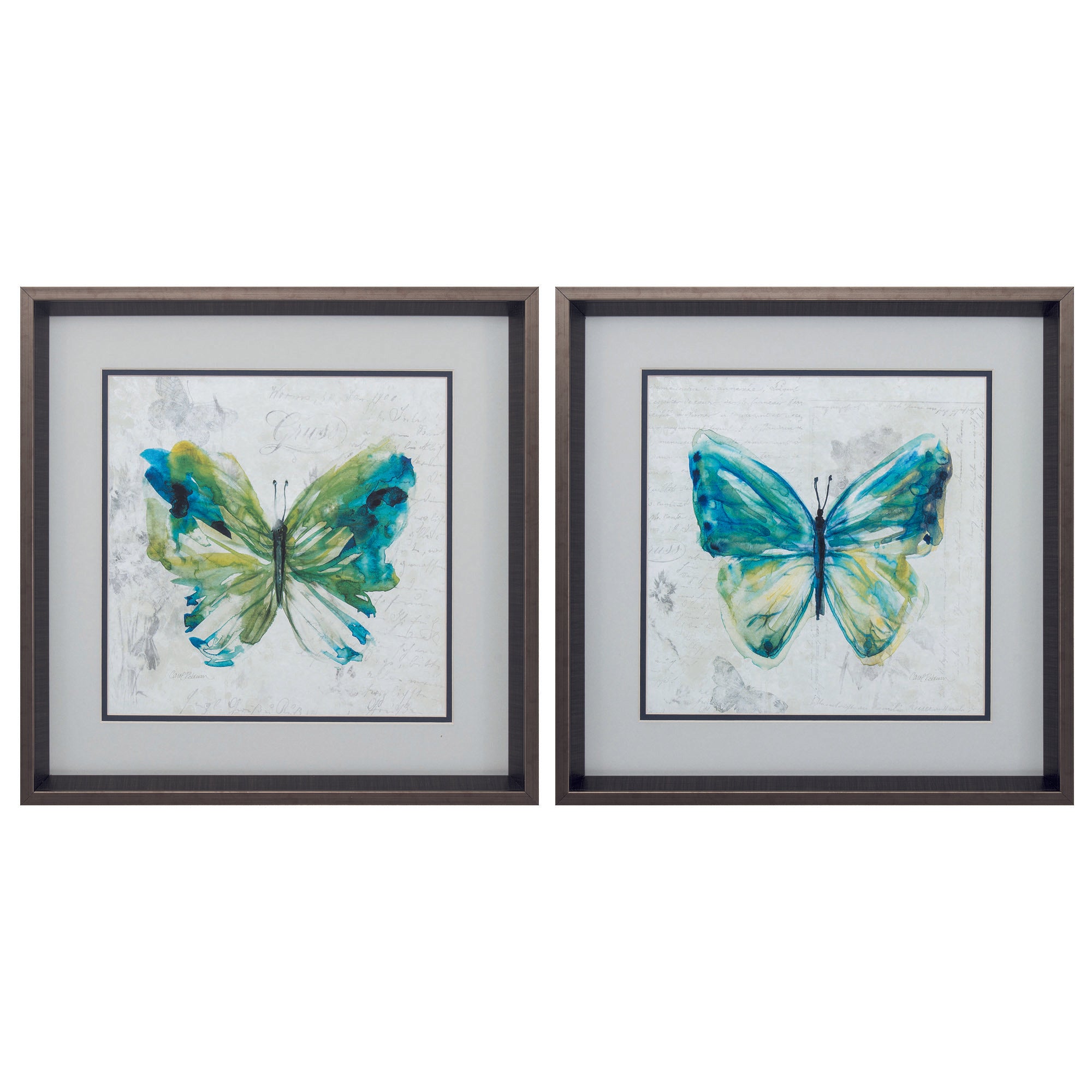 18" X 18" Brushed Silver Frame Butterfly Sketch (Set of 2)