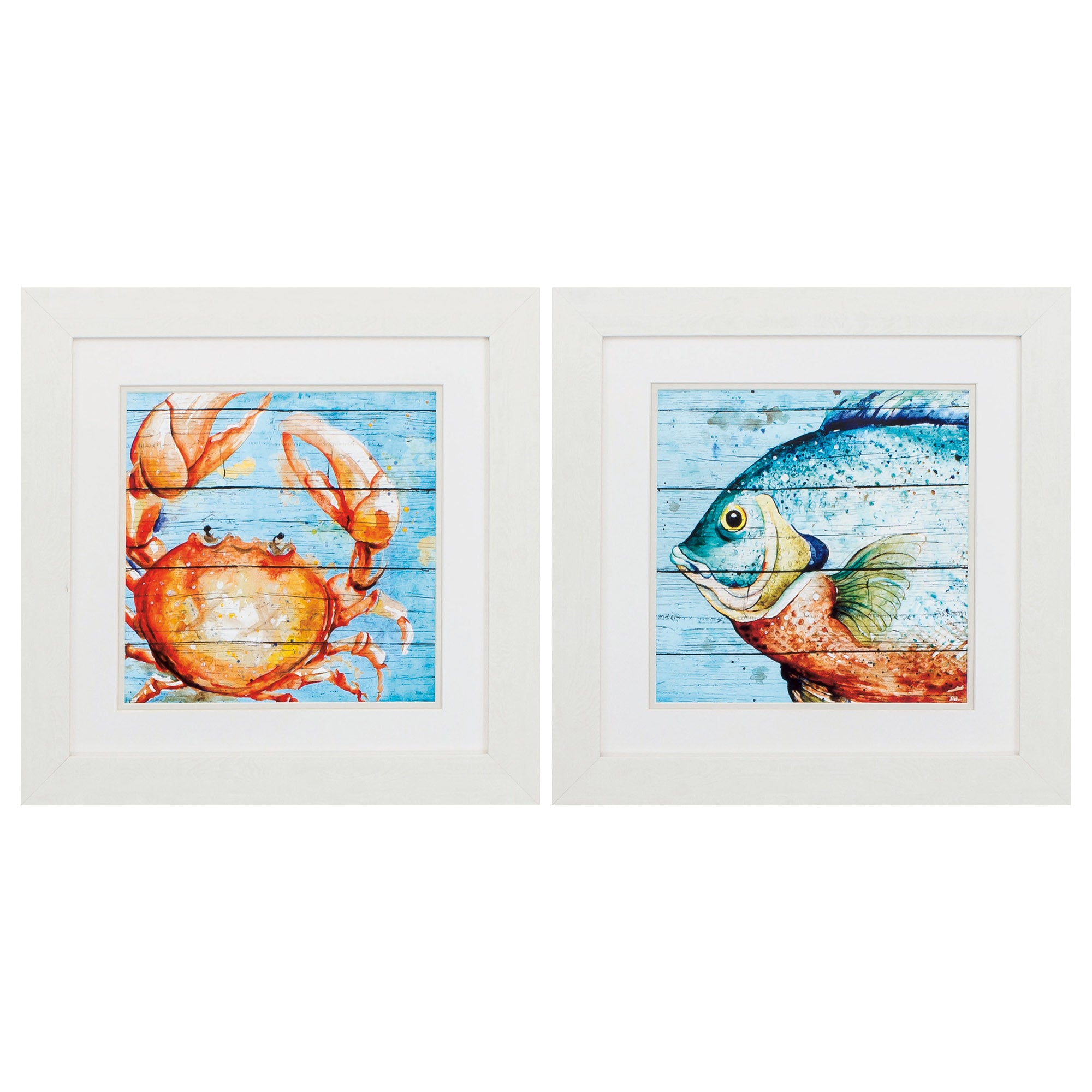 19" X 19" White Frame Crab Fish (Set of 2)