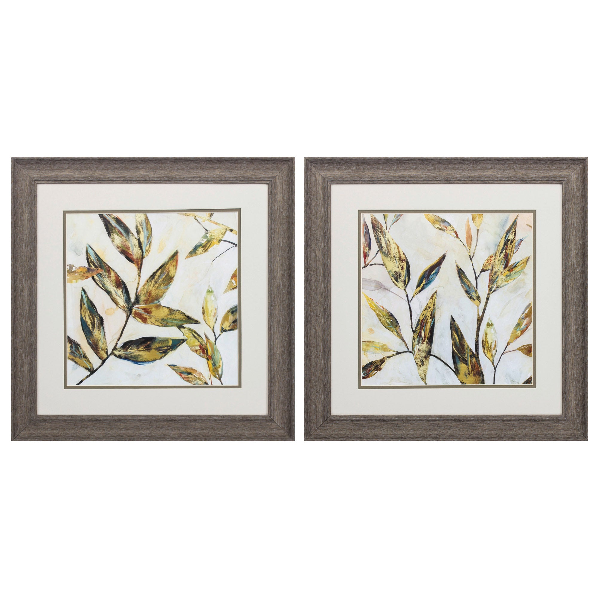 19" X 19" Distressed Wood Toned Frame Gilded Leaves (Set of 2)
