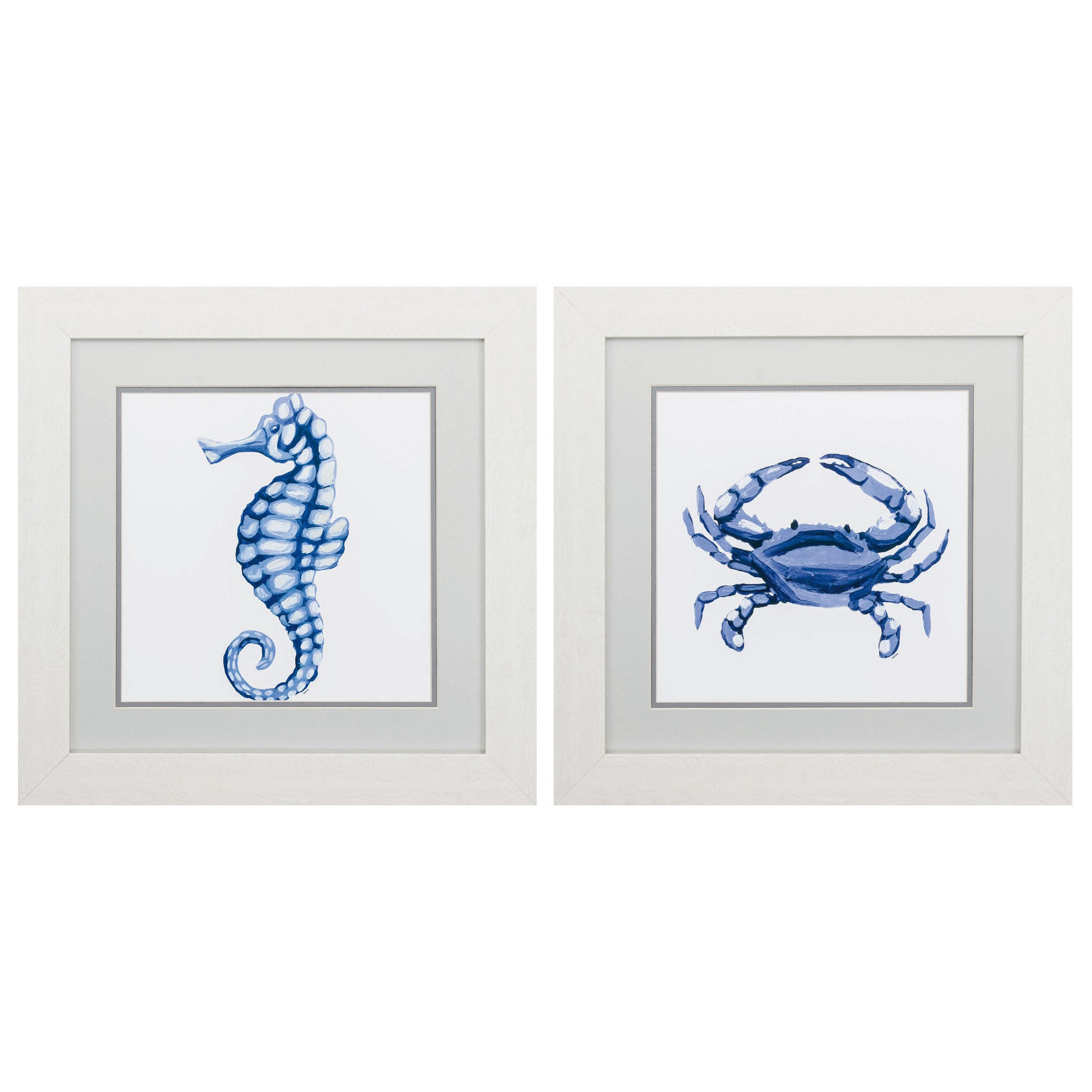 19" X 19" White Frame Sea Horse Crab (Set of 2)