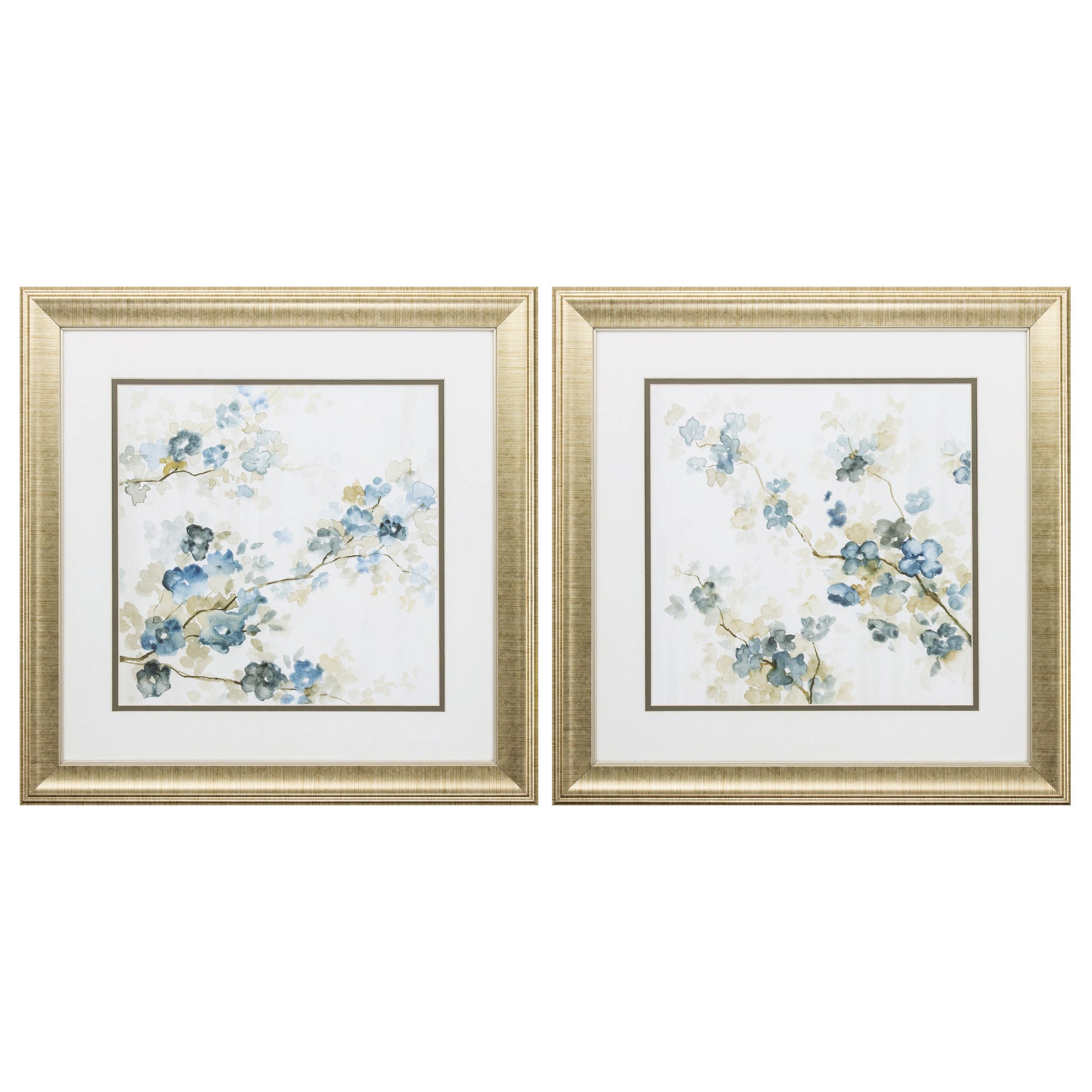 19" X 19" Gold Frame Dogwood In Blue (Set of 2)