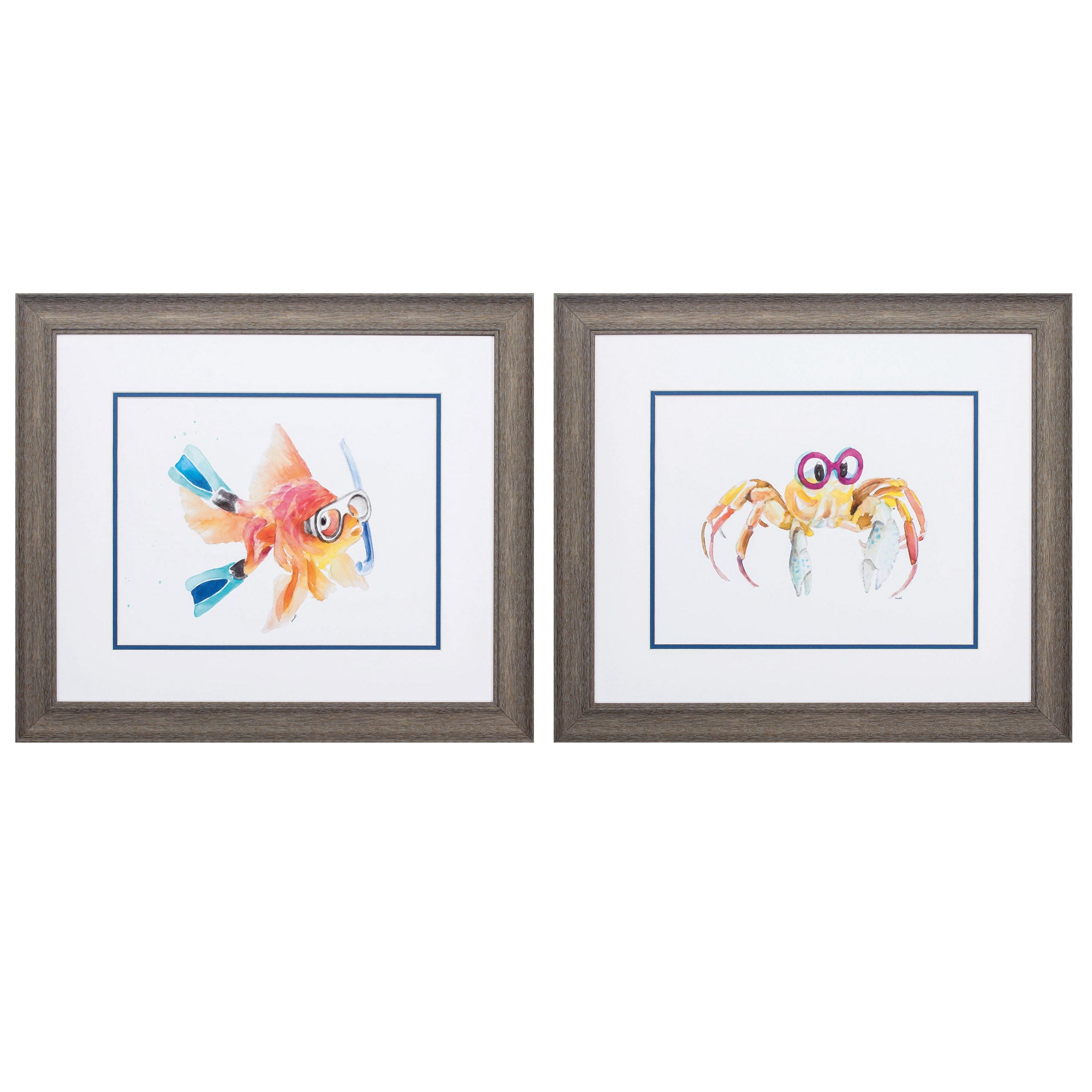22" X 19" Distressed Wood Toned Frame Fish Crab (Set of 2)