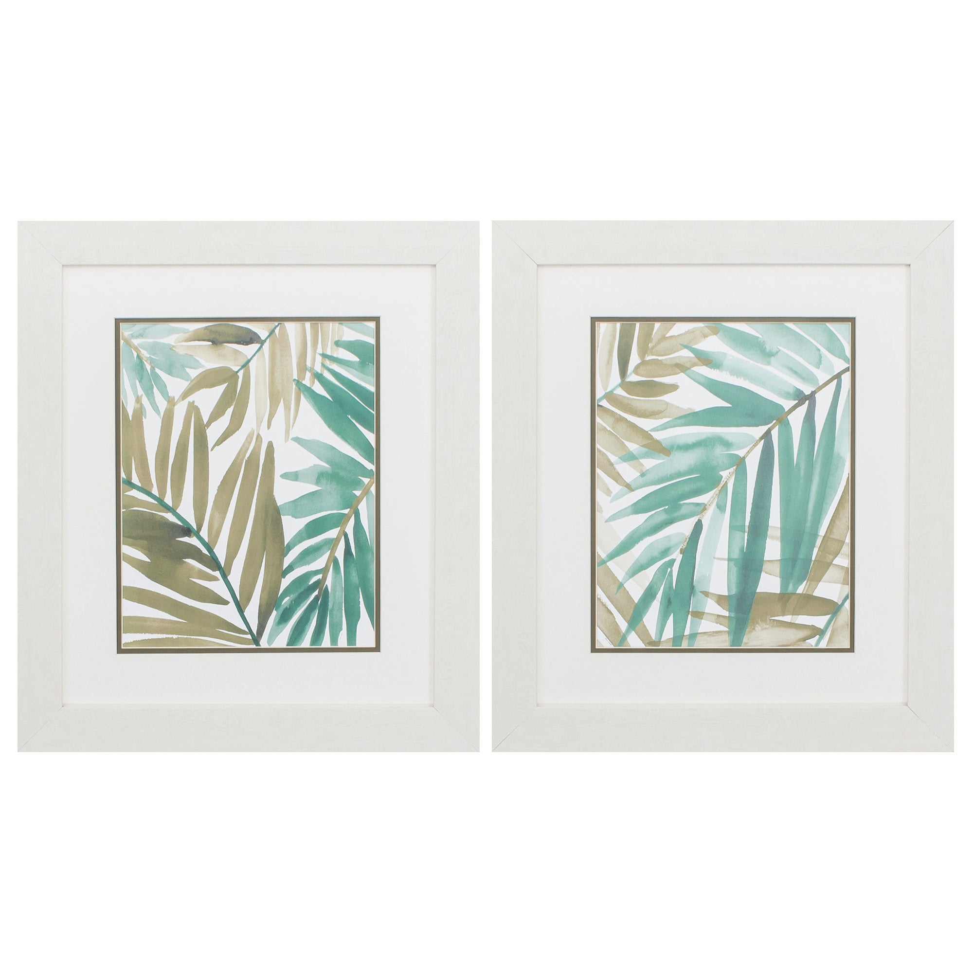 19" X 22" White Frame Teal Palm Design (Set of 2)