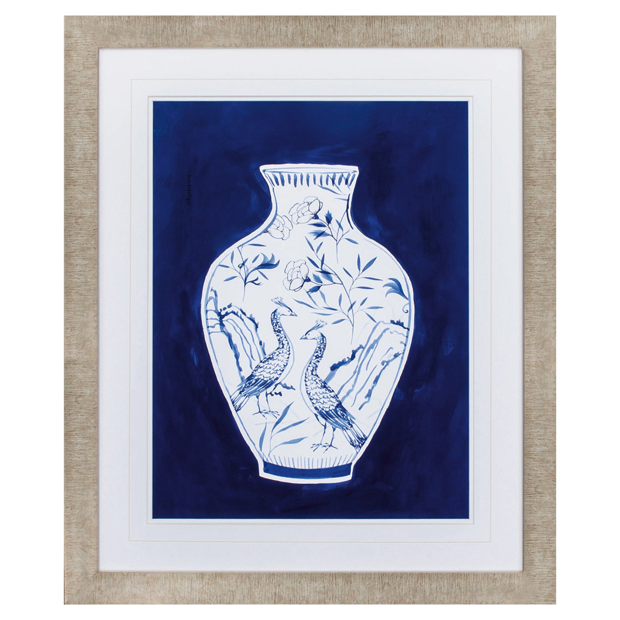 28" X 34" Champagne Gold Color Frame  Indigo Porcelain Vase II