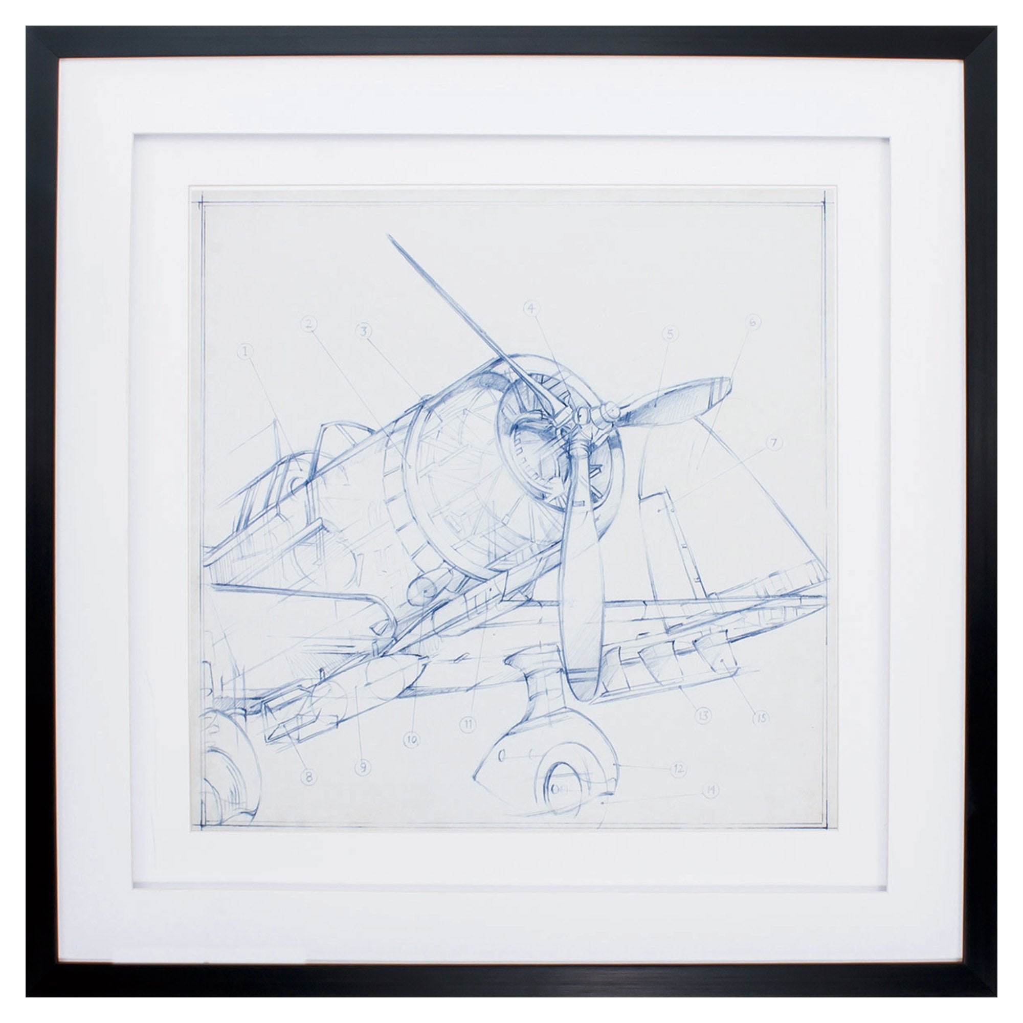 30" X 30" Dark Wood Toned Frame Airplane Sketch I