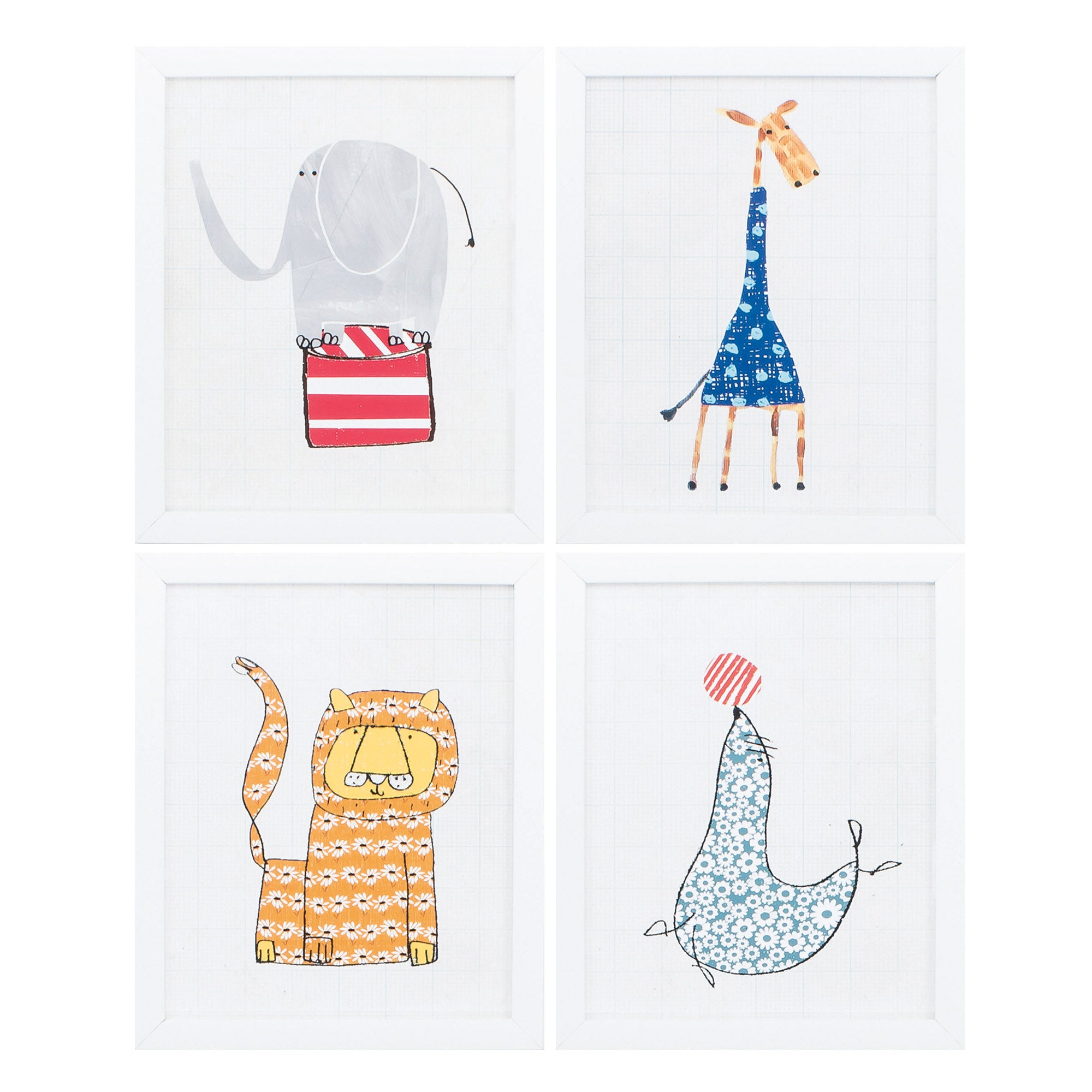 11" X 14" Matte White Frame Youth Animals (Set of 4)