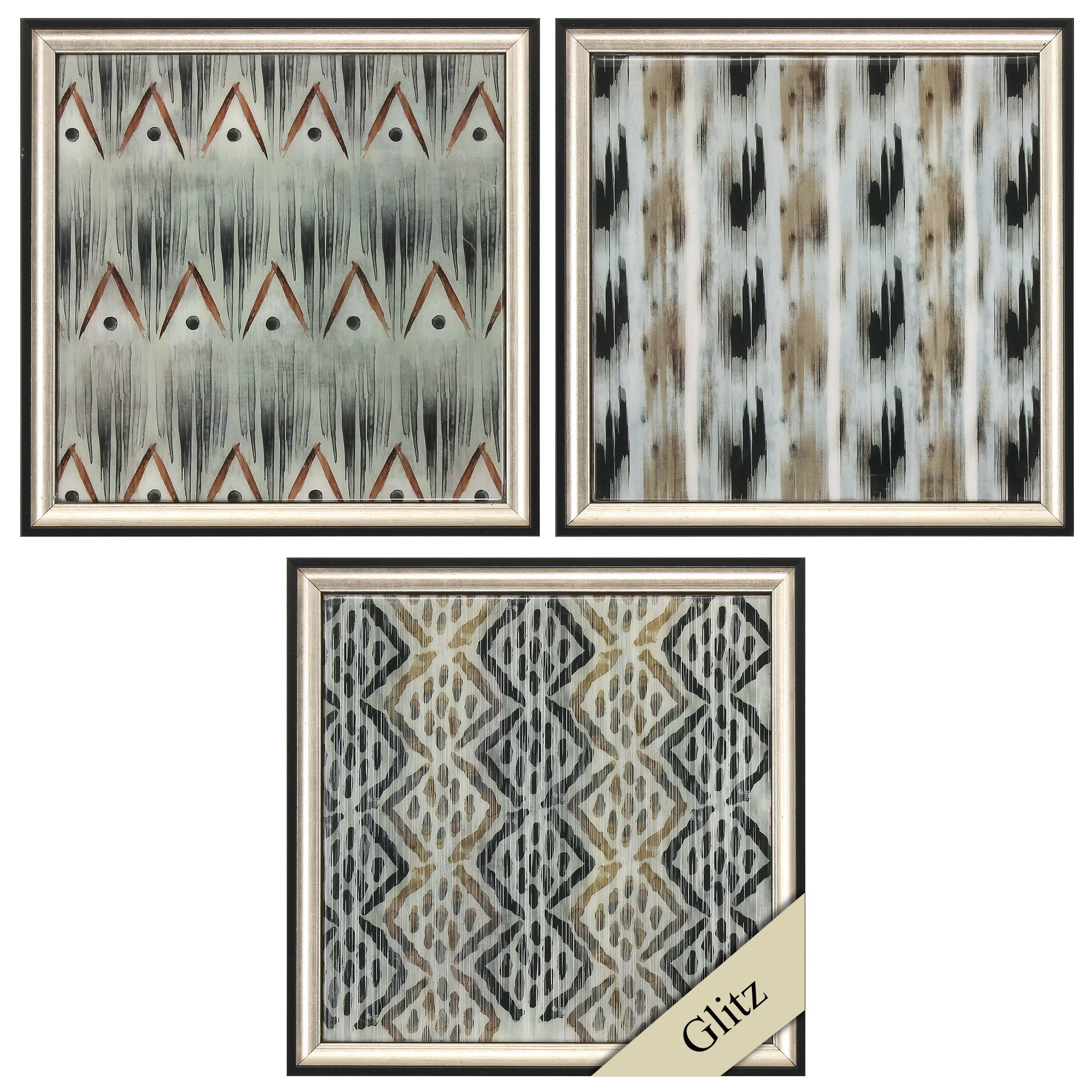 13" X 13" Silver Frame Grey Tribal (Set of 3)
