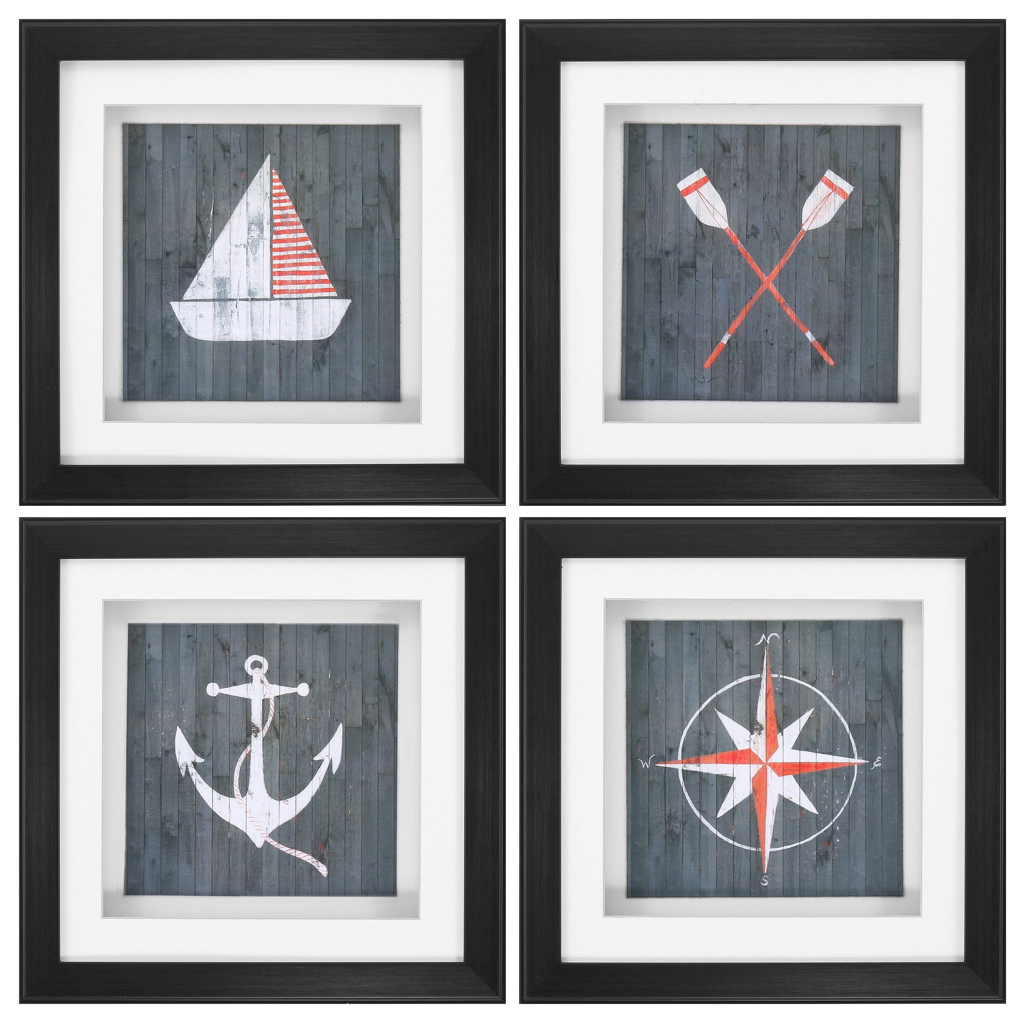 14" X 14" Dark Wood Toned Frame Nautical Plank (Set of 4)