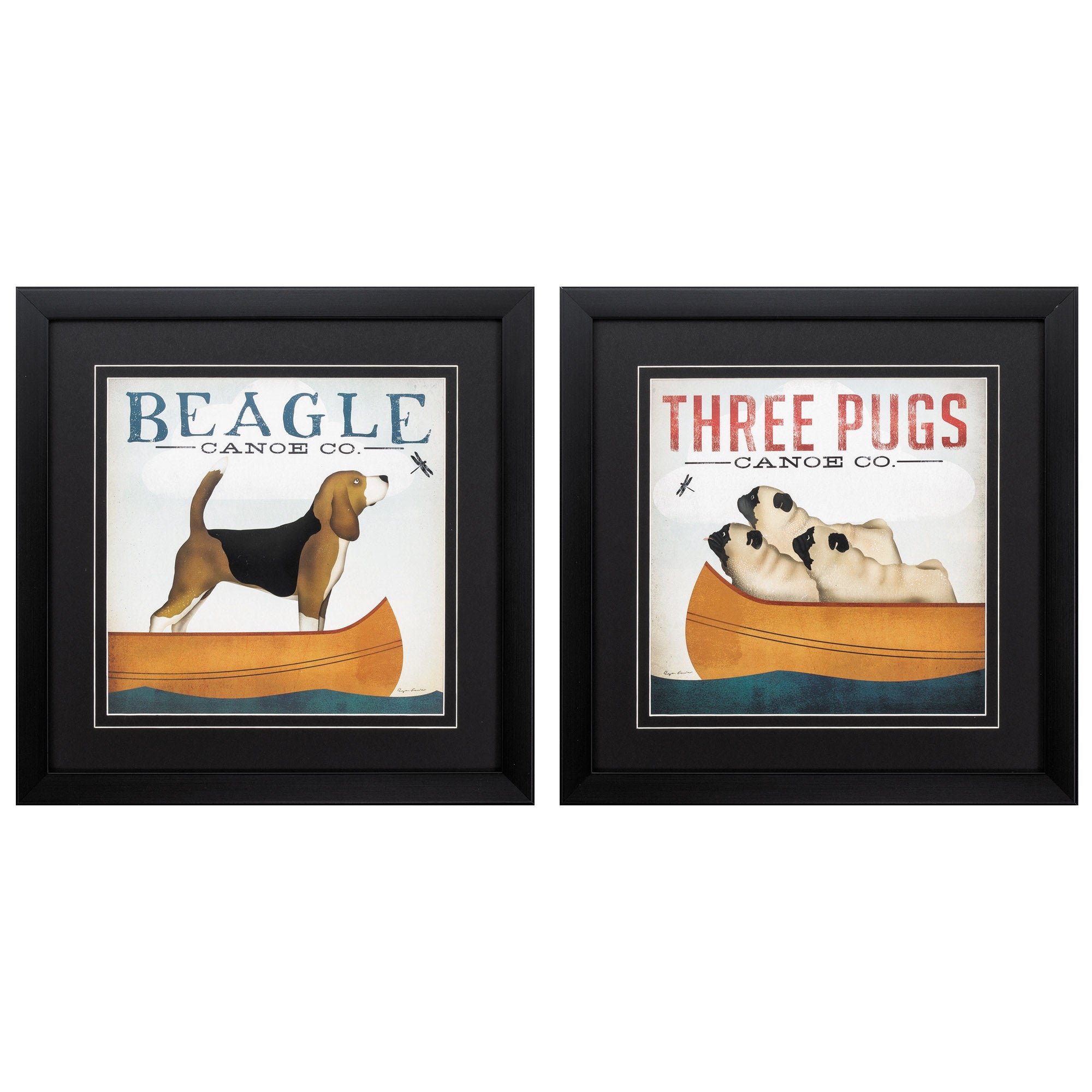 18" X 18" Dark Wood Toned Frame Beagle Pugs (Set of 2)