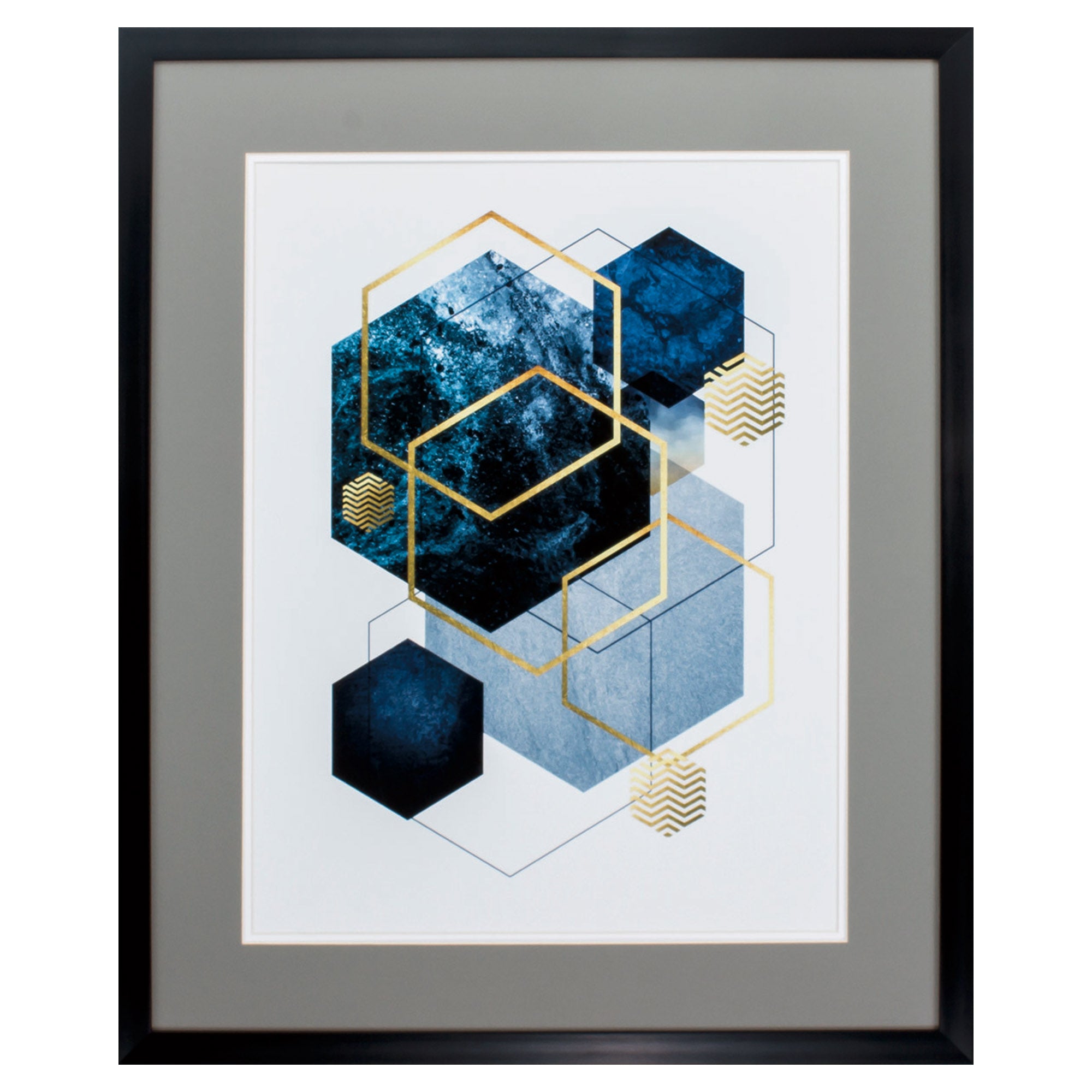 26" X 32" Dark Wood Toned Frame Navy Gold Geo I